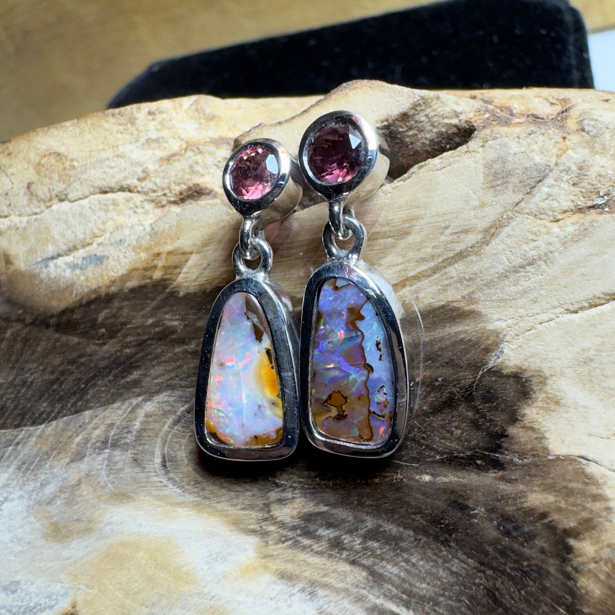 Pink Lake Pastel ~ Handcrafted 1.1ct Pink Tourmaline and 4.7ct Solid Queensland Boulder Opal 925 Silver Earrings