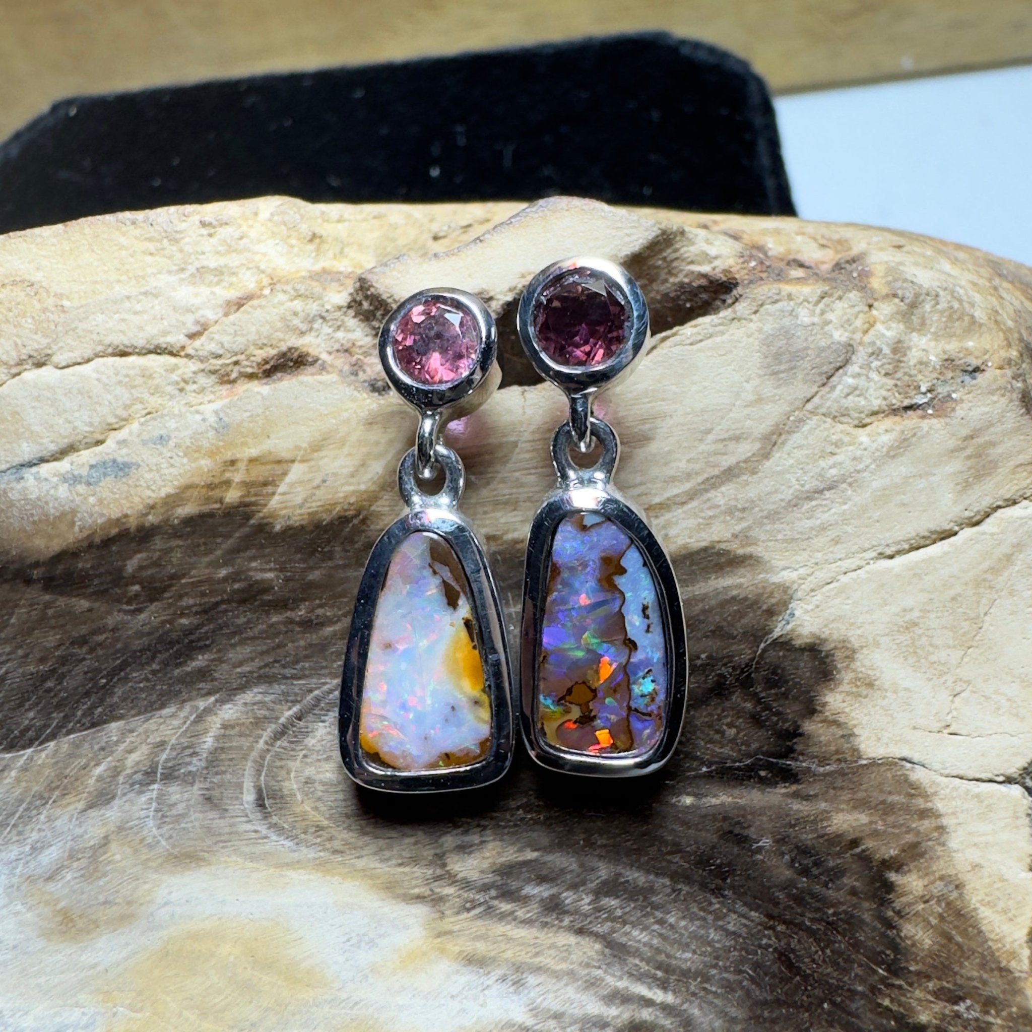 Pink Lake Pastel ~ Handcrafted 1.1ct Pink Tourmaline and 4.7ct Solid Queensland Boulder Opal 925 Silver Earrings