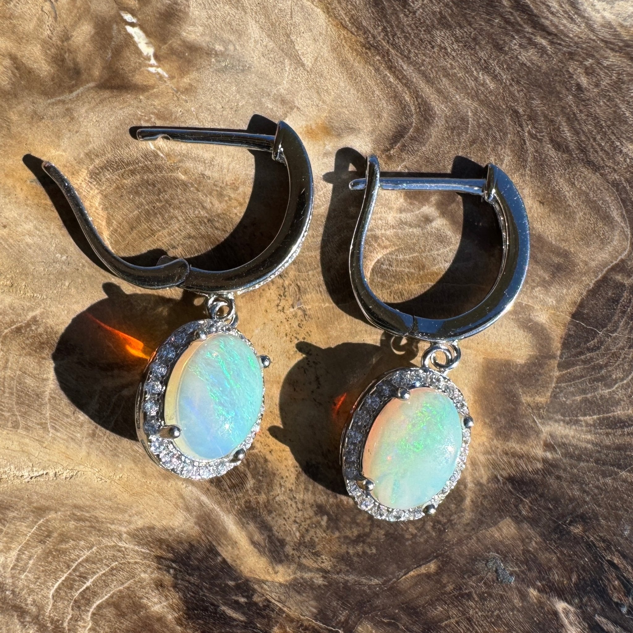 Port Fairy Mornrise ~ 1.4ct Solid Lightning Ridge Opal and Cubic Zirconia Sterling Silver Earrings