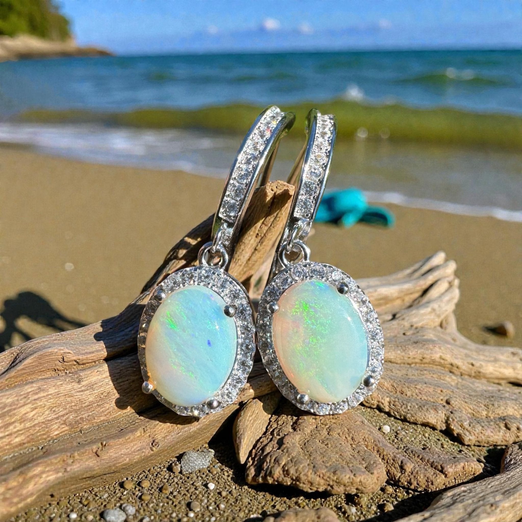 Port Fairy Mornrise ~ 1.4ct Solid Lightning Ridge Opal and Cubic Zirconia Sterling Silver Earrings