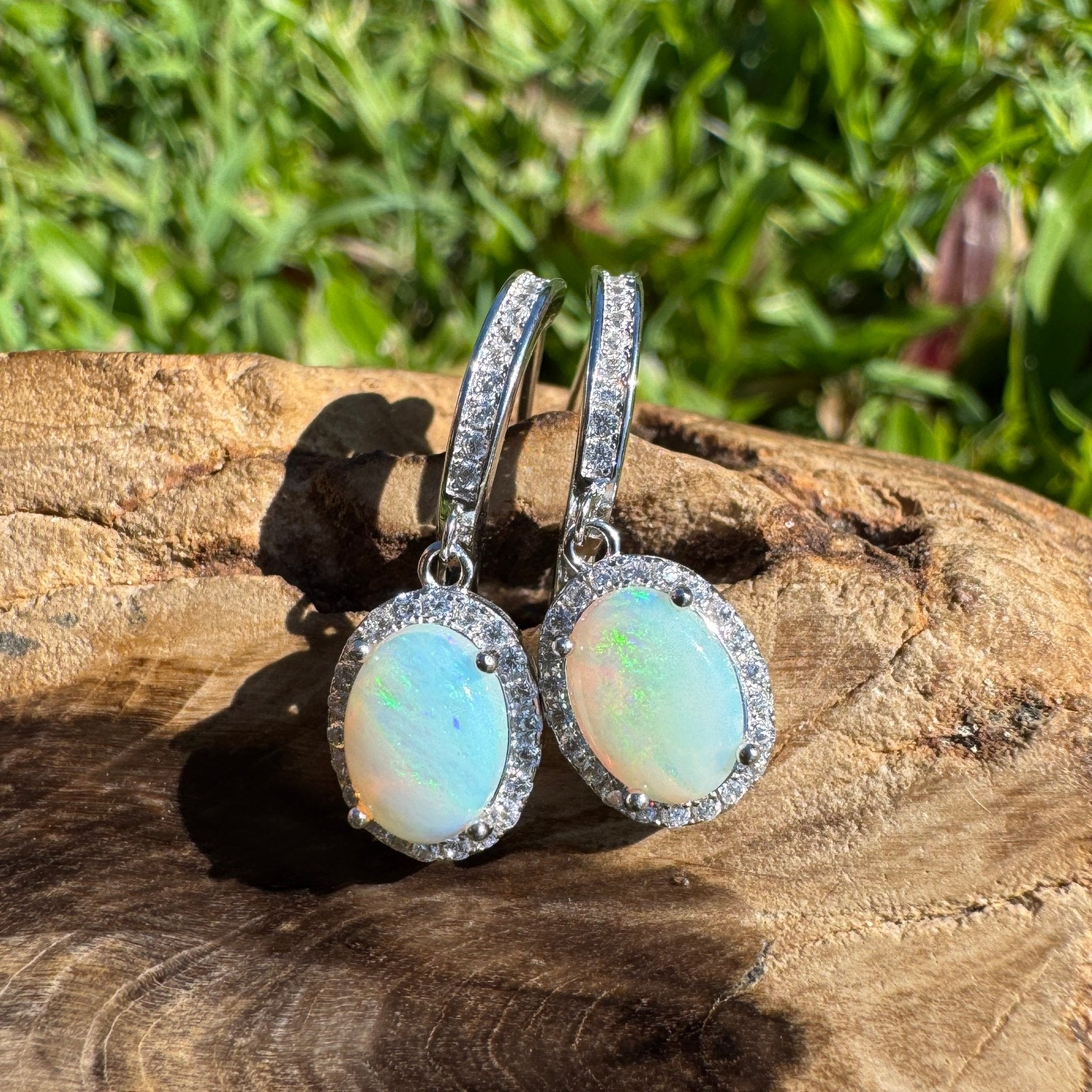 Port Fairy Mornrise ~ 1.4ct Solid Lightning Ridge Opal and Cubic Zirconia Sterling Silver Earrings
