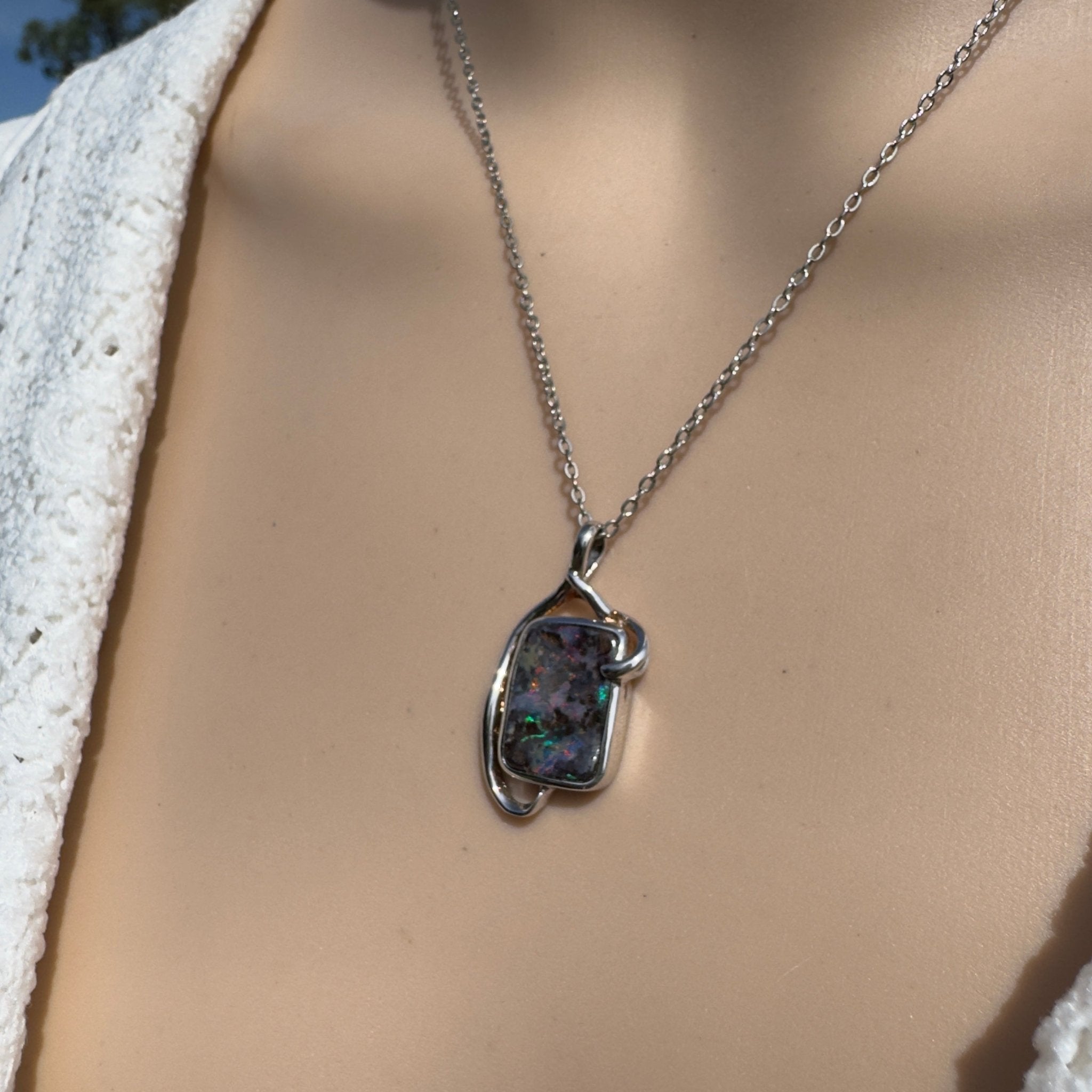Queensland Boulder Opal Pendant Necklace ~ 'Queensland Night Current' | 925 Sterling Silver | Solid Australian Opal