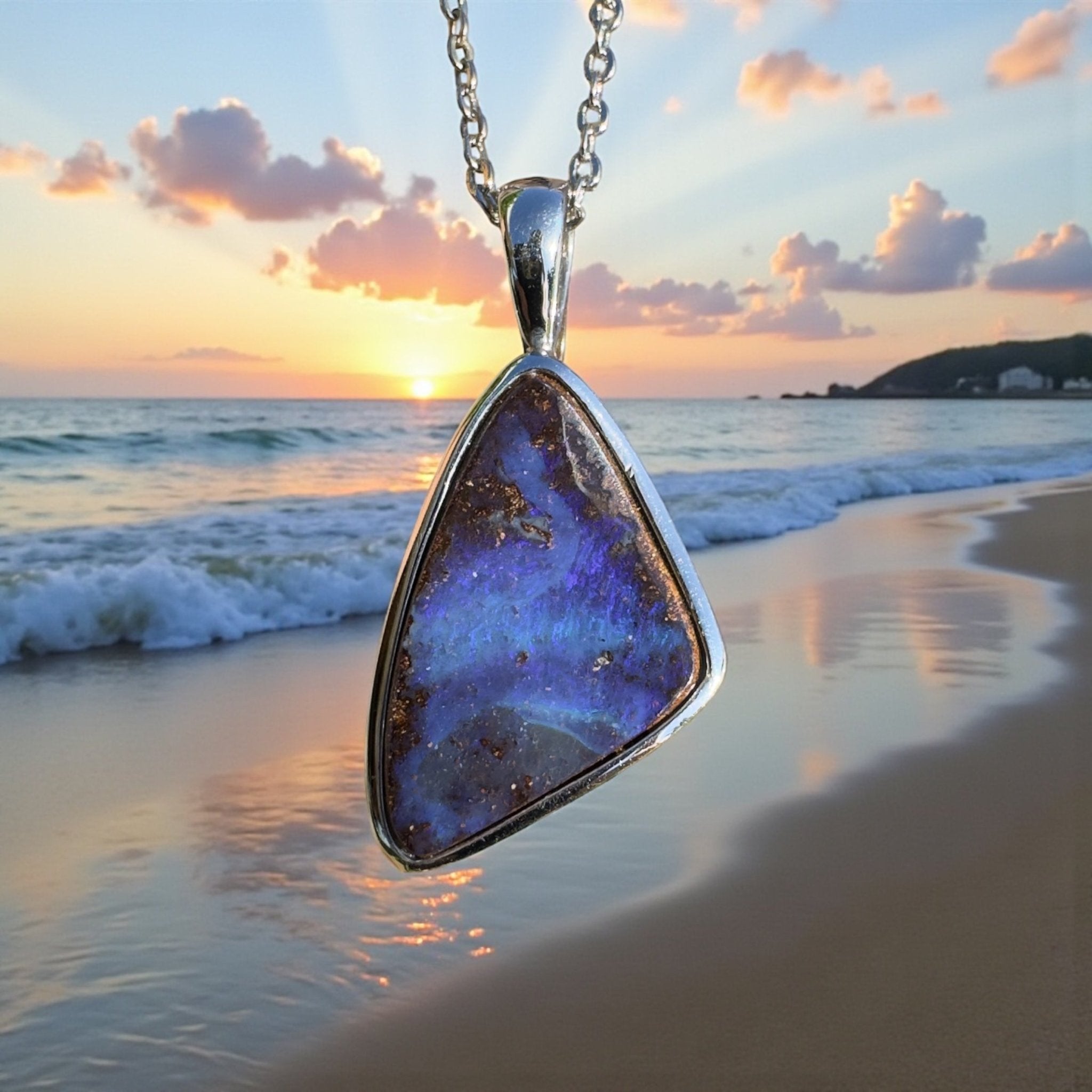 Queensland Deep Tide ~ Queensland Boulder Opal 925 Sterling Silver Pendant Necklace