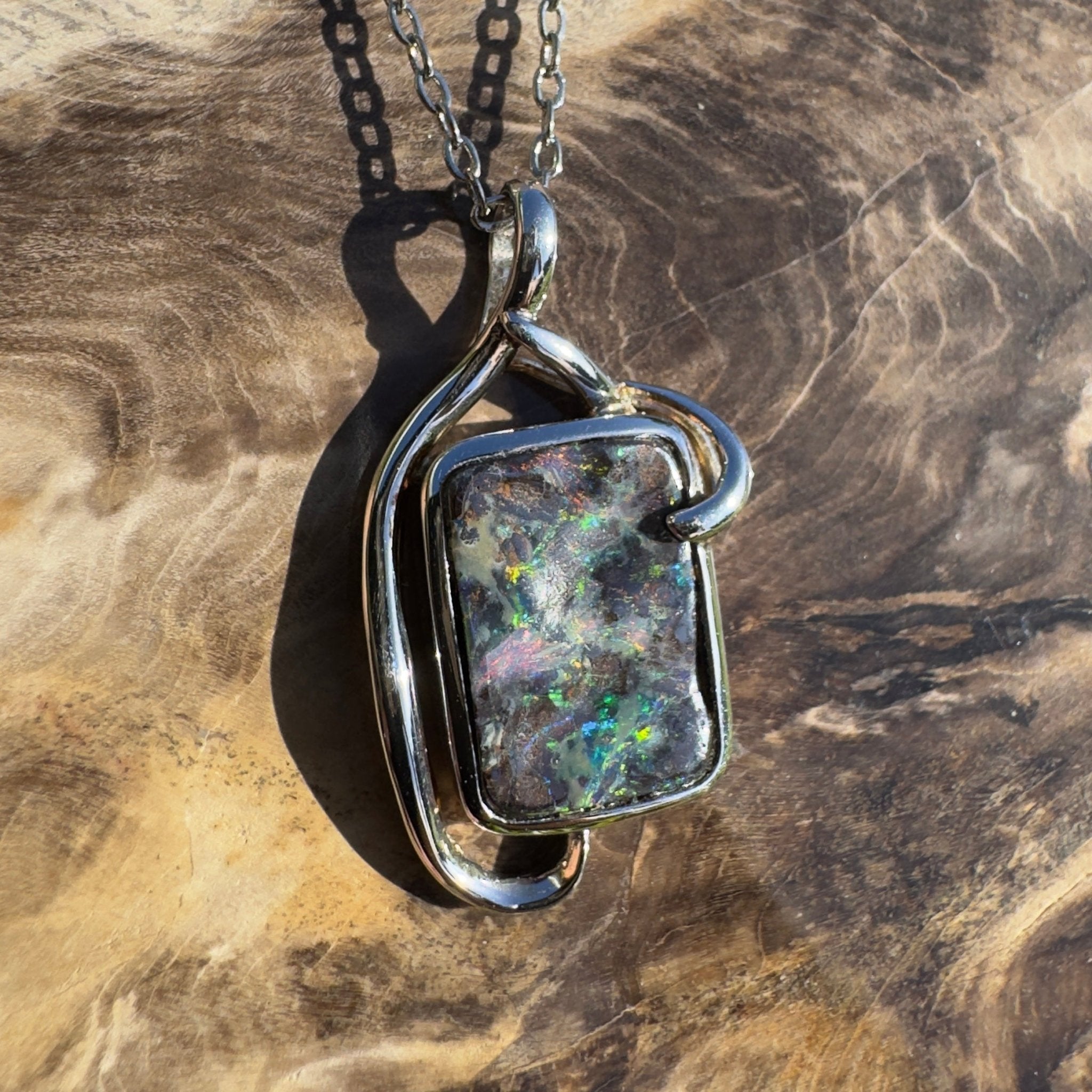 Queensland Night Current ~ Queensland Boulder Opal 925 Sterling Silver Pendant Necklace