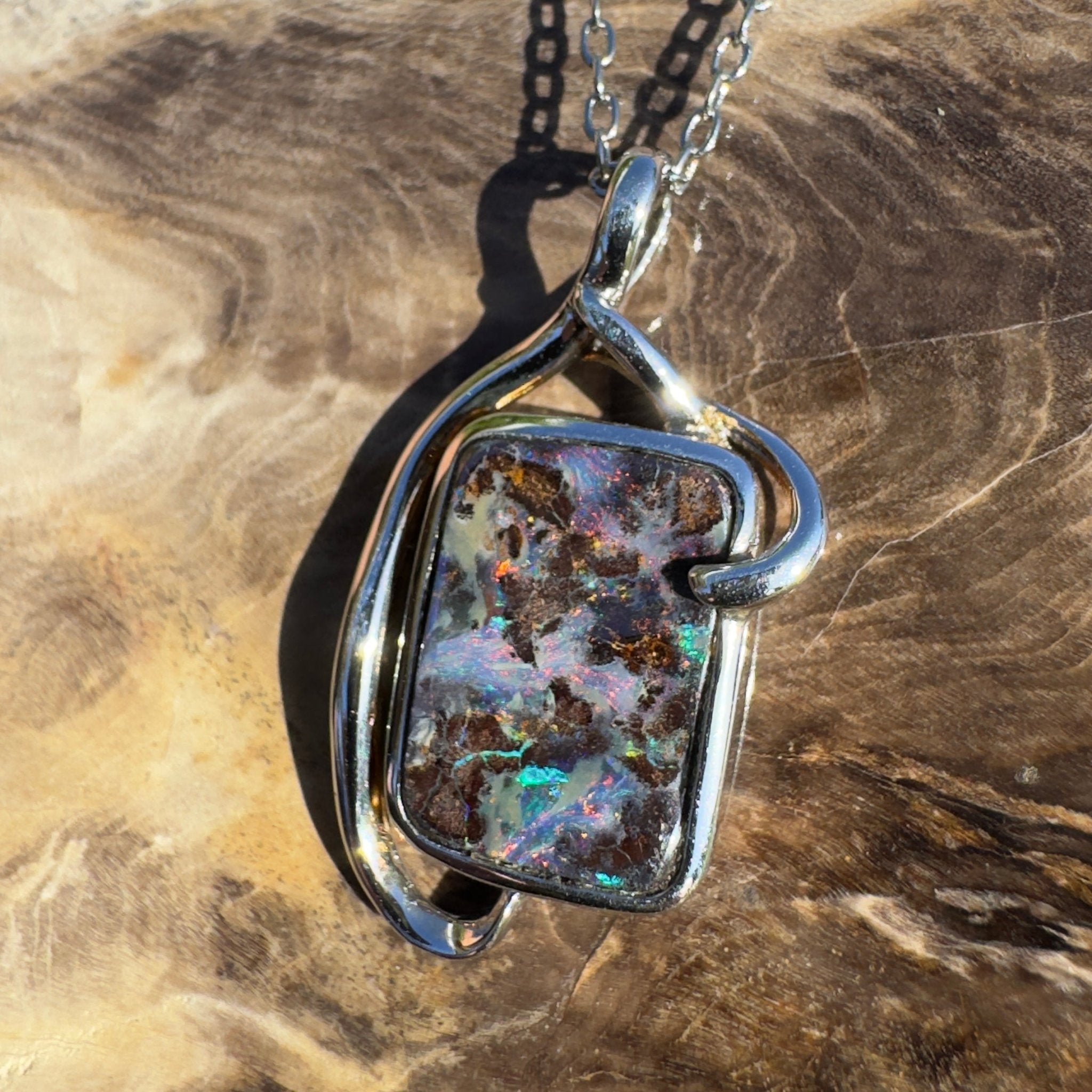 Queensland Night Current ~ Queensland Boulder Opal 925 Sterling Silver Pendant Necklace