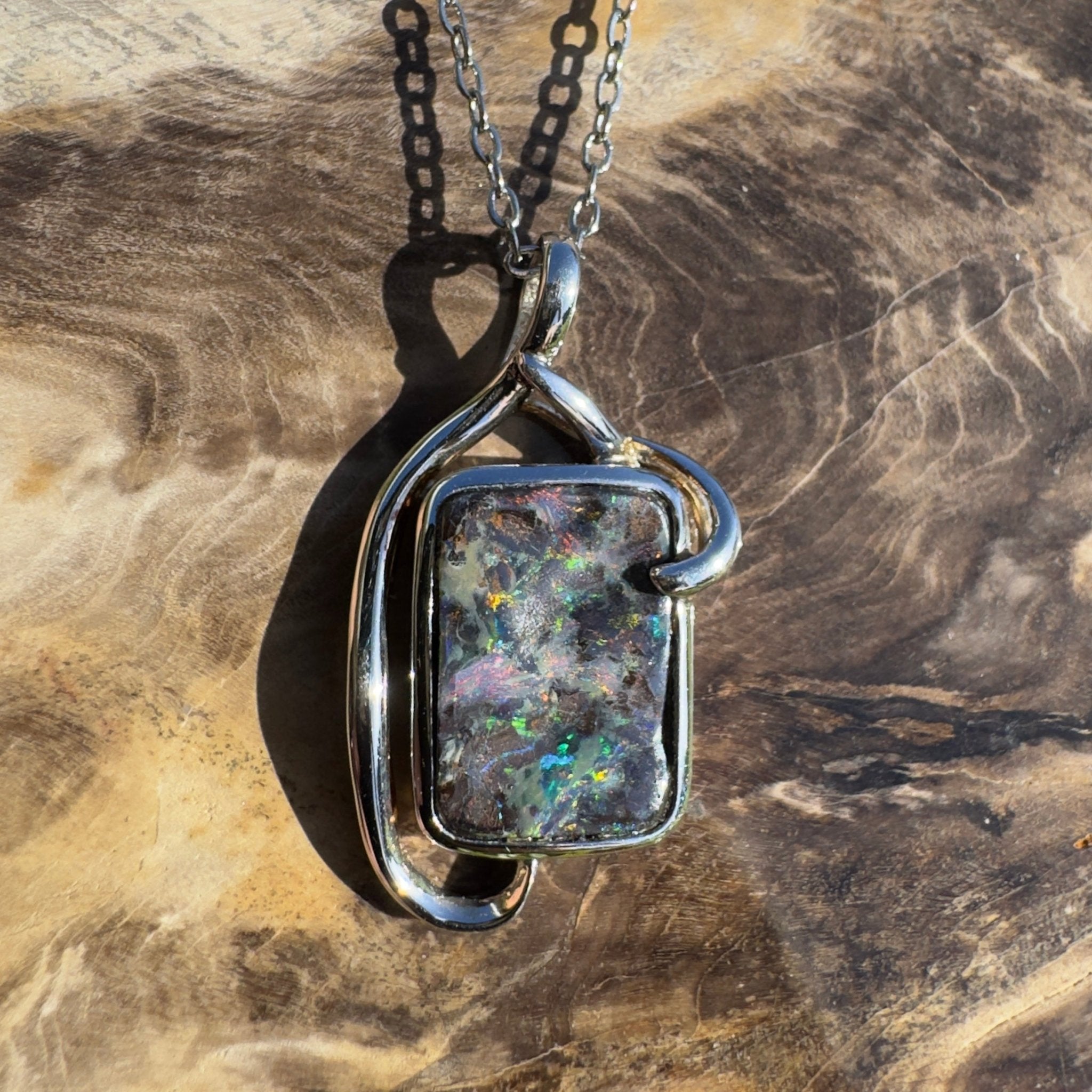 Queensland Night Current ~ Queensland Boulder Opal 925 Sterling Silver Pendant Necklace