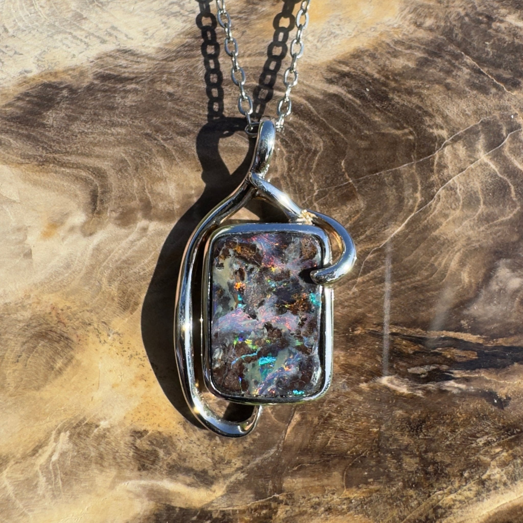 Queensland Night Current ~ Queensland Boulder Opal 925 Sterling Silver Pendant Necklace