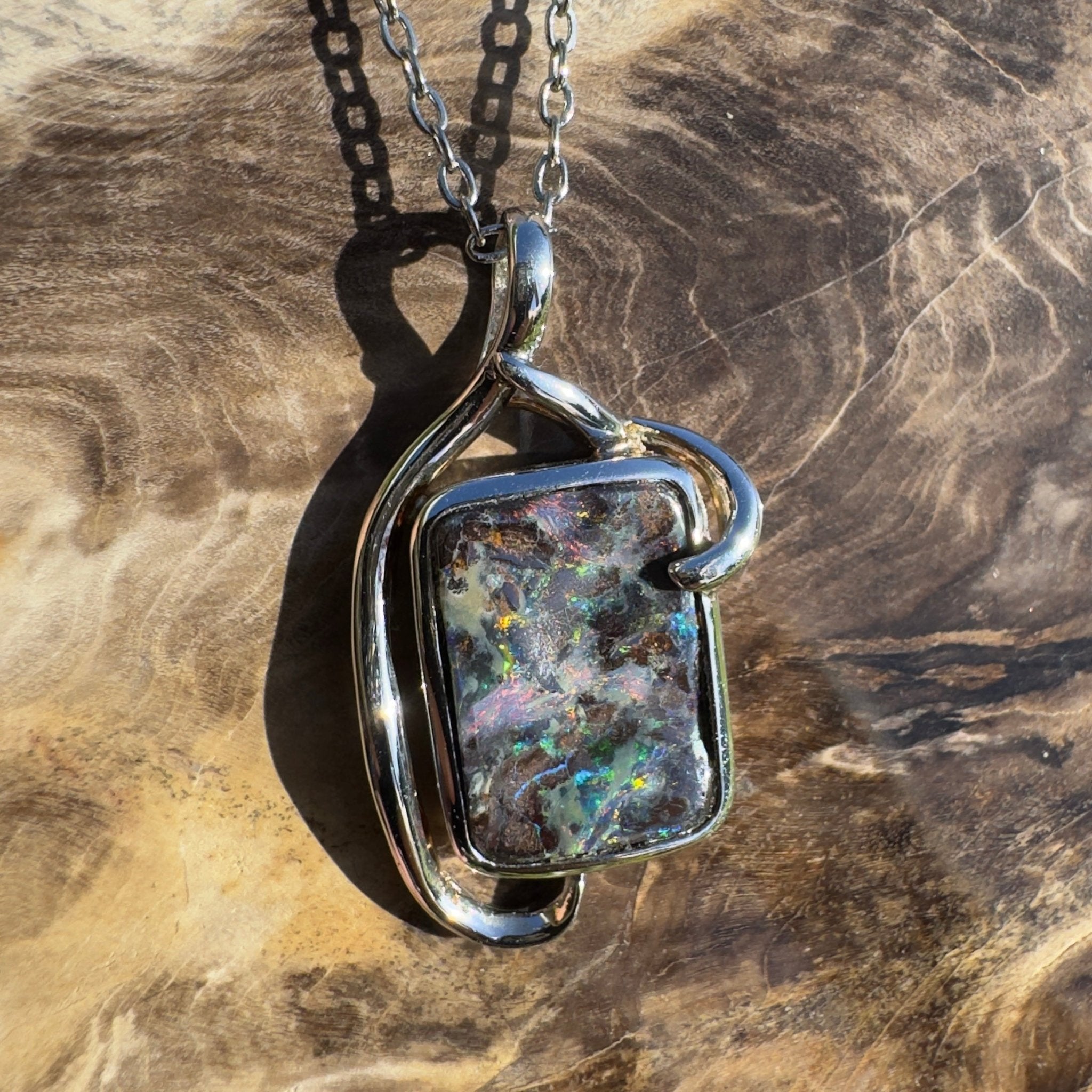 Queensland Night Current ~ Queensland Boulder Opal 925 Sterling Silver Pendant Necklace