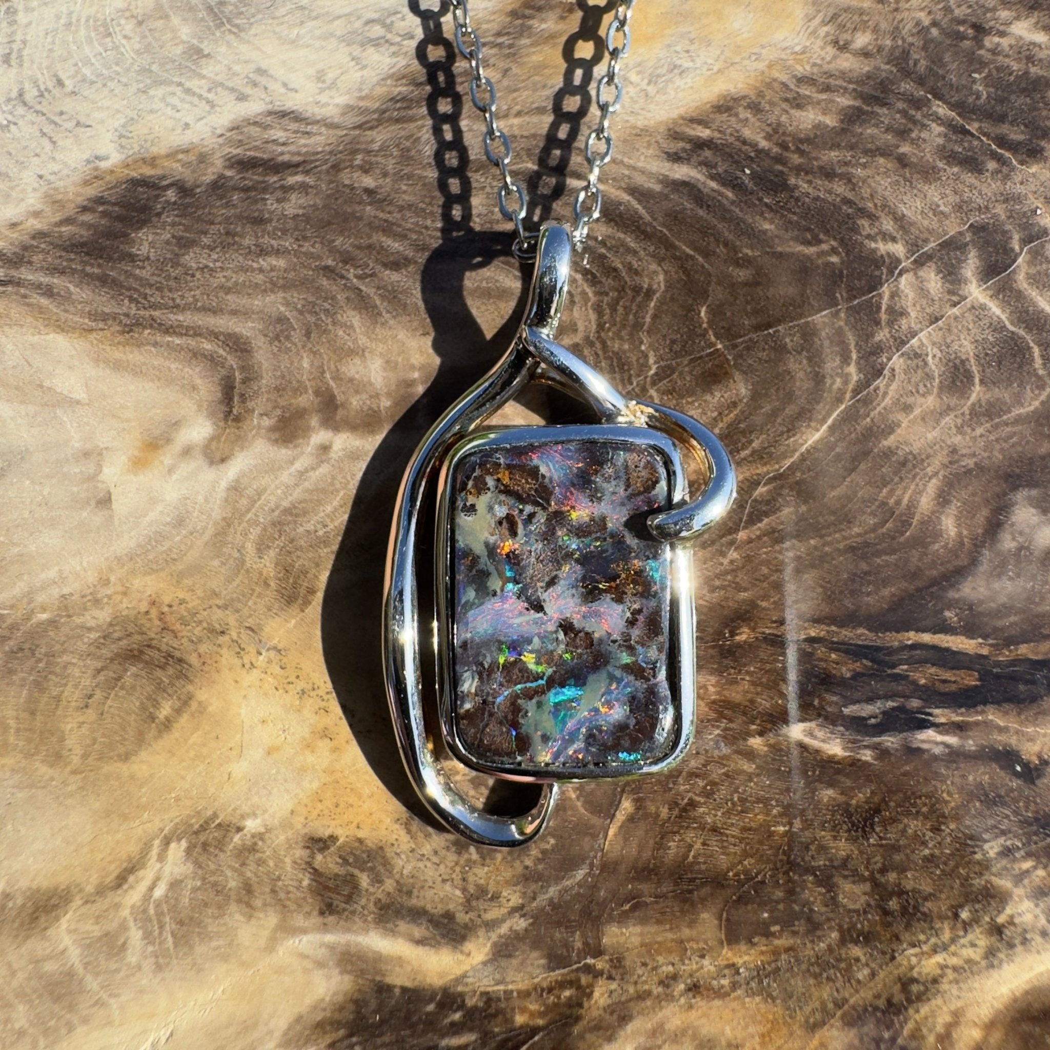 Queensland Night Current ~ Queensland Boulder Opal 925 Sterling Silver Pendant Necklace