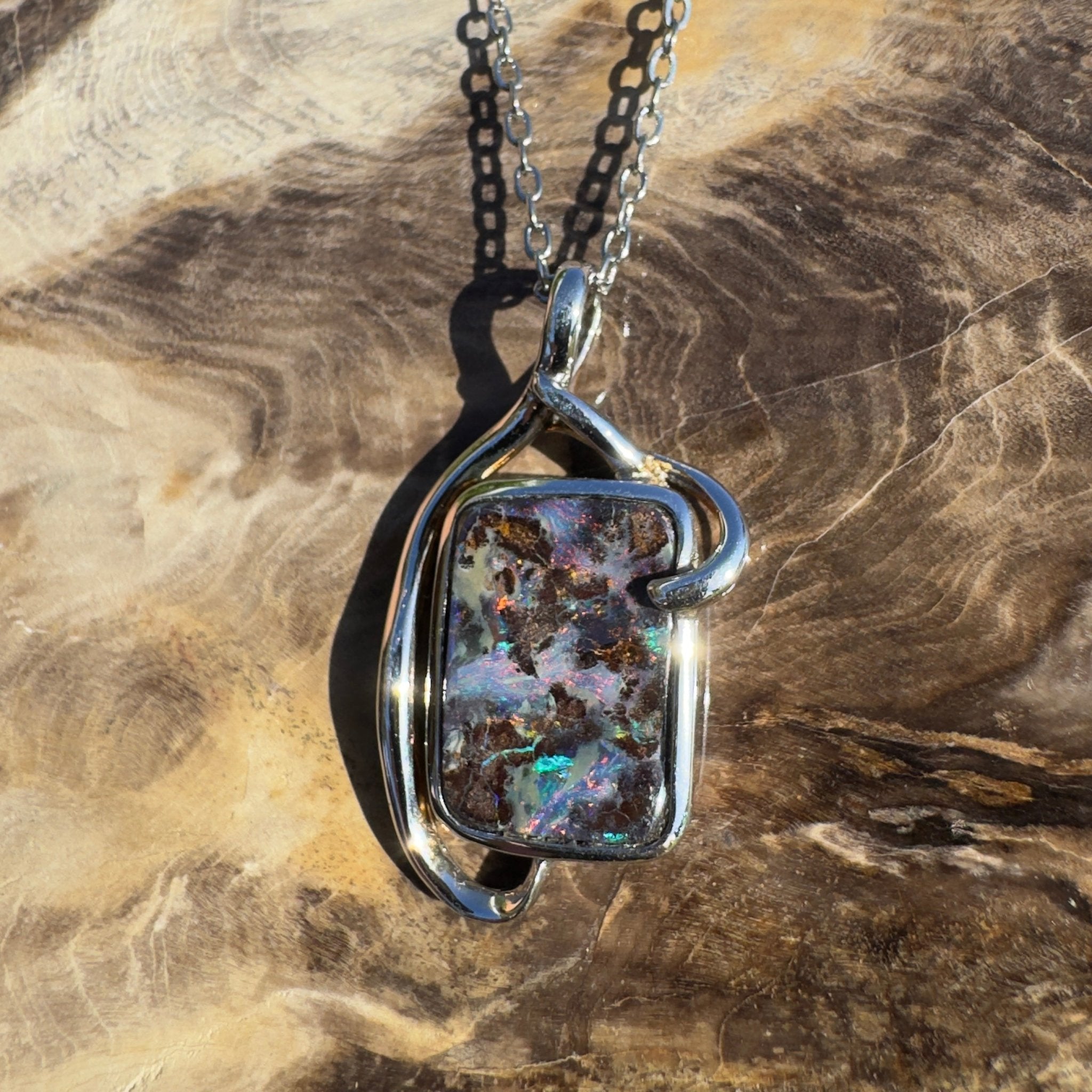 Queensland Night Current ~ Queensland Boulder Opal 925 Sterling Silver Pendant Necklace