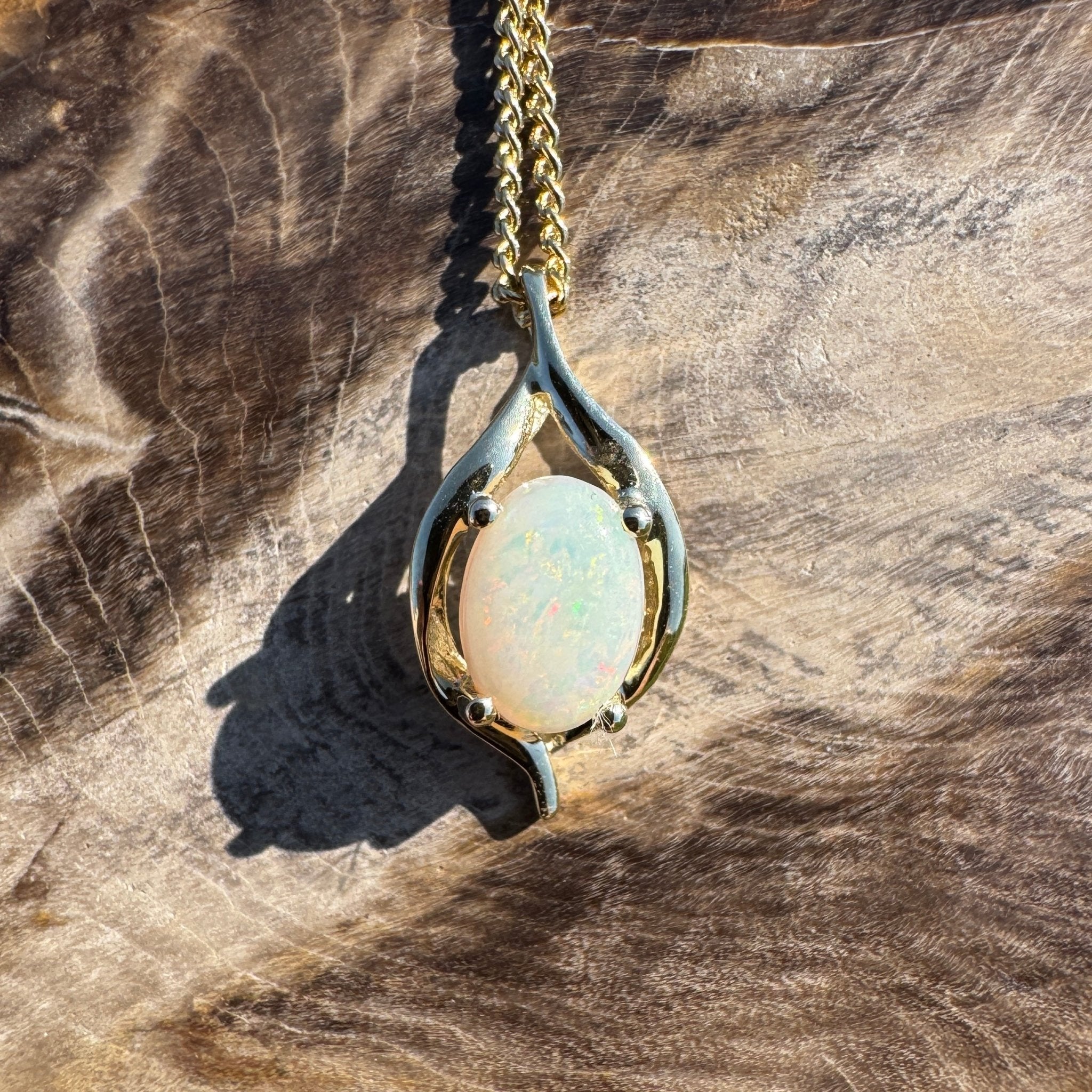 Rainbow Coast Gleam ~ 9ct Solid Gold 0.5ct Coober Pedy Opal Pendant