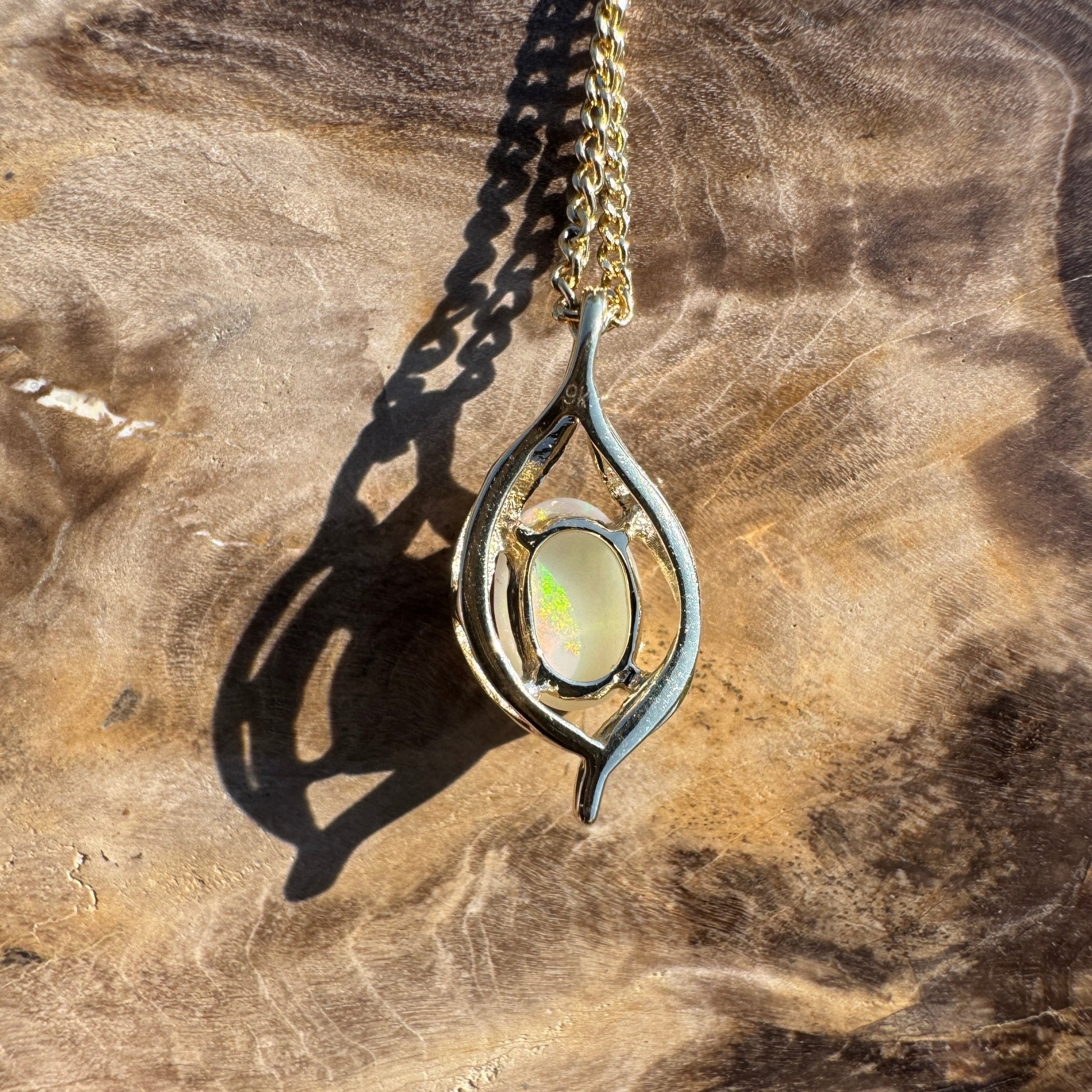 Rainbow Coast Gleam ~ 9ct Solid Gold 0.5ct Coober Pedy Opal Pendant