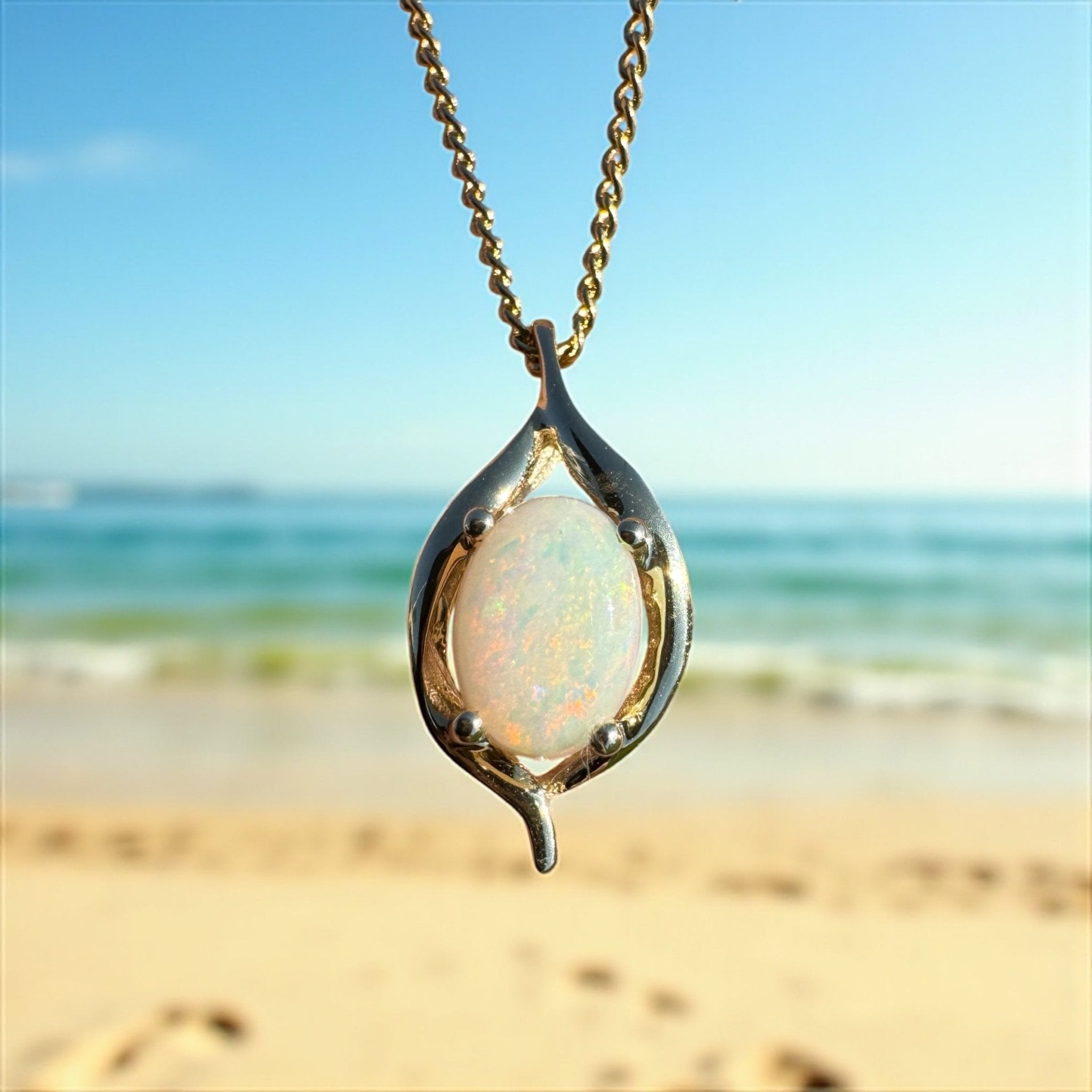 Rainbow Coast Gleam ~ 9ct Solid Gold 0.5ct Coober Pedy Opal Pendant