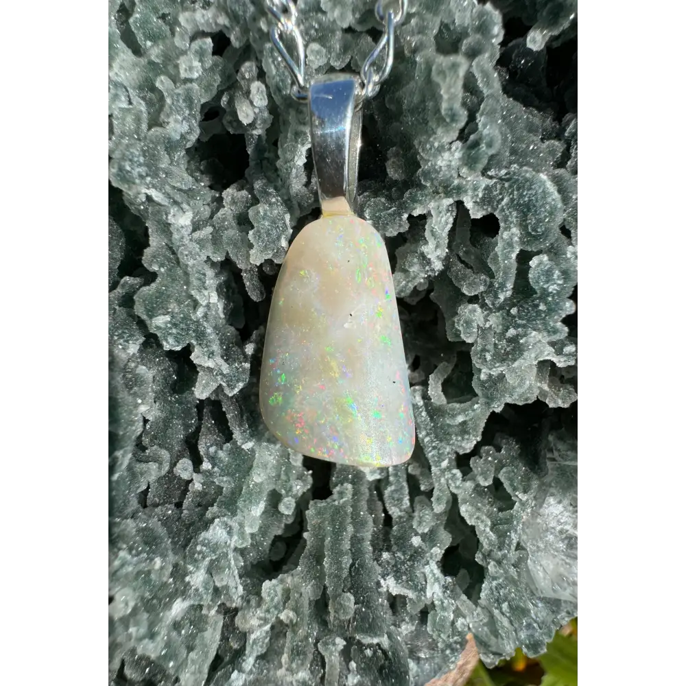 Rainbow Falls handcrafted Lightning Ridge opal pendant with silver bail on sterling chain