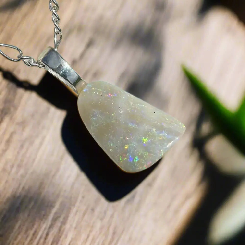 Iridescent opal pendant on silver chain from Rainbow Falls handcrafted lightning ridge opal necklace