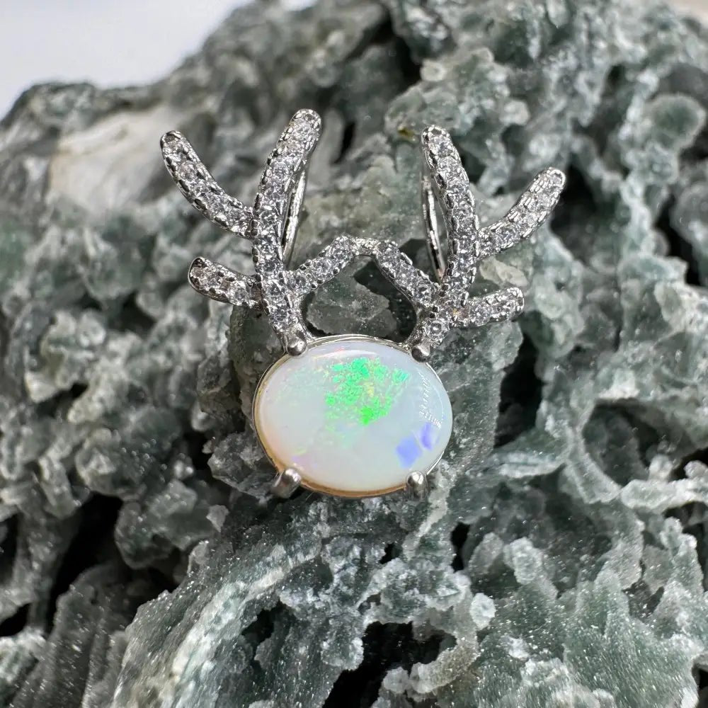 'Rainbow Reindeer' ~ Handcrafted 1ct Solid Coober Pedy Opal and Cubic Zirconia 925 Sterling Silver Reindeer Pendant Necklace