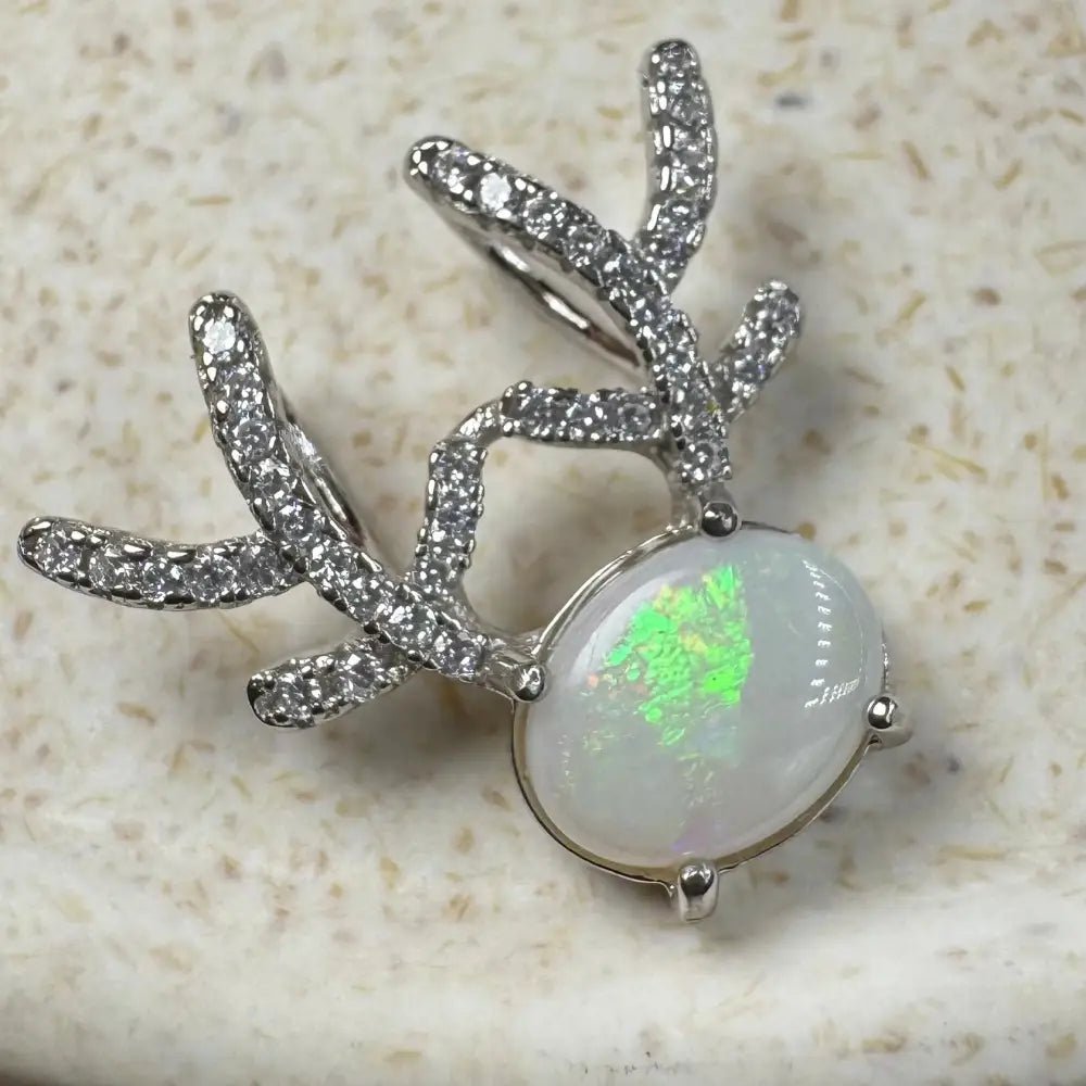 'Rainbow Reindeer' ~ Handcrafted 1ct Solid Coober Pedy Opal and Cubic Zirconia 925 Sterling Silver Reindeer Pendant Necklace