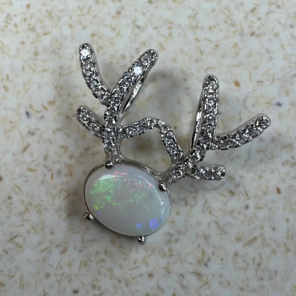 'Rainbow Reindeer' ~ Handcrafted 1ct Solid Coober Pedy Opal and Cubic Zirconia 925 Sterling Silver Reindeer Pendant Necklace