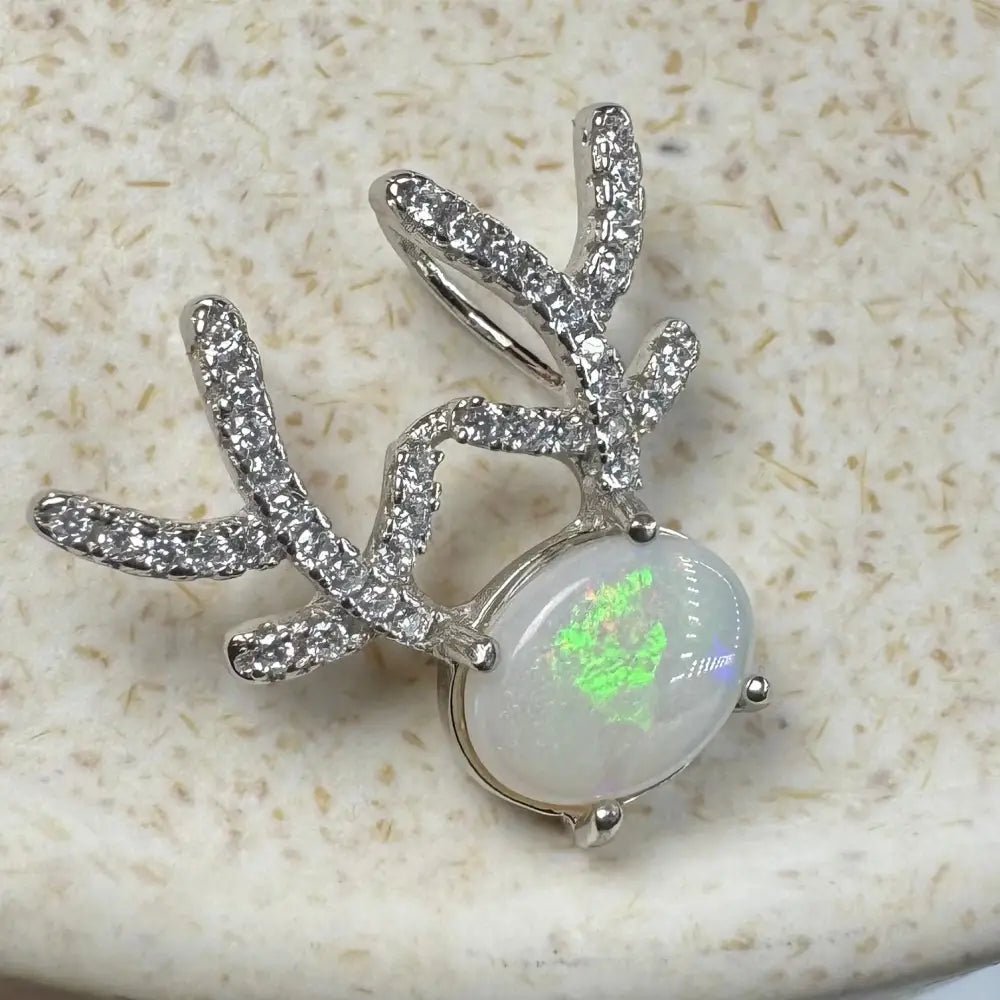 'Rainbow Reindeer' ~ Handcrafted 1ct Solid Coober Pedy Opal and Cubic Zirconia 925 Sterling Silver Reindeer Pendant Necklace
