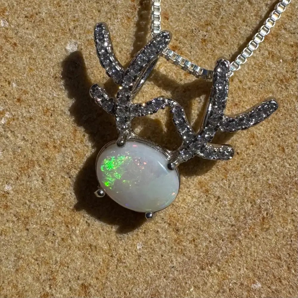 'Rainbow Reindeer' ~ Handcrafted 1ct Solid Coober Pedy Opal and Cubic Zirconia 925 Sterling Silver Reindeer Pendant Necklace