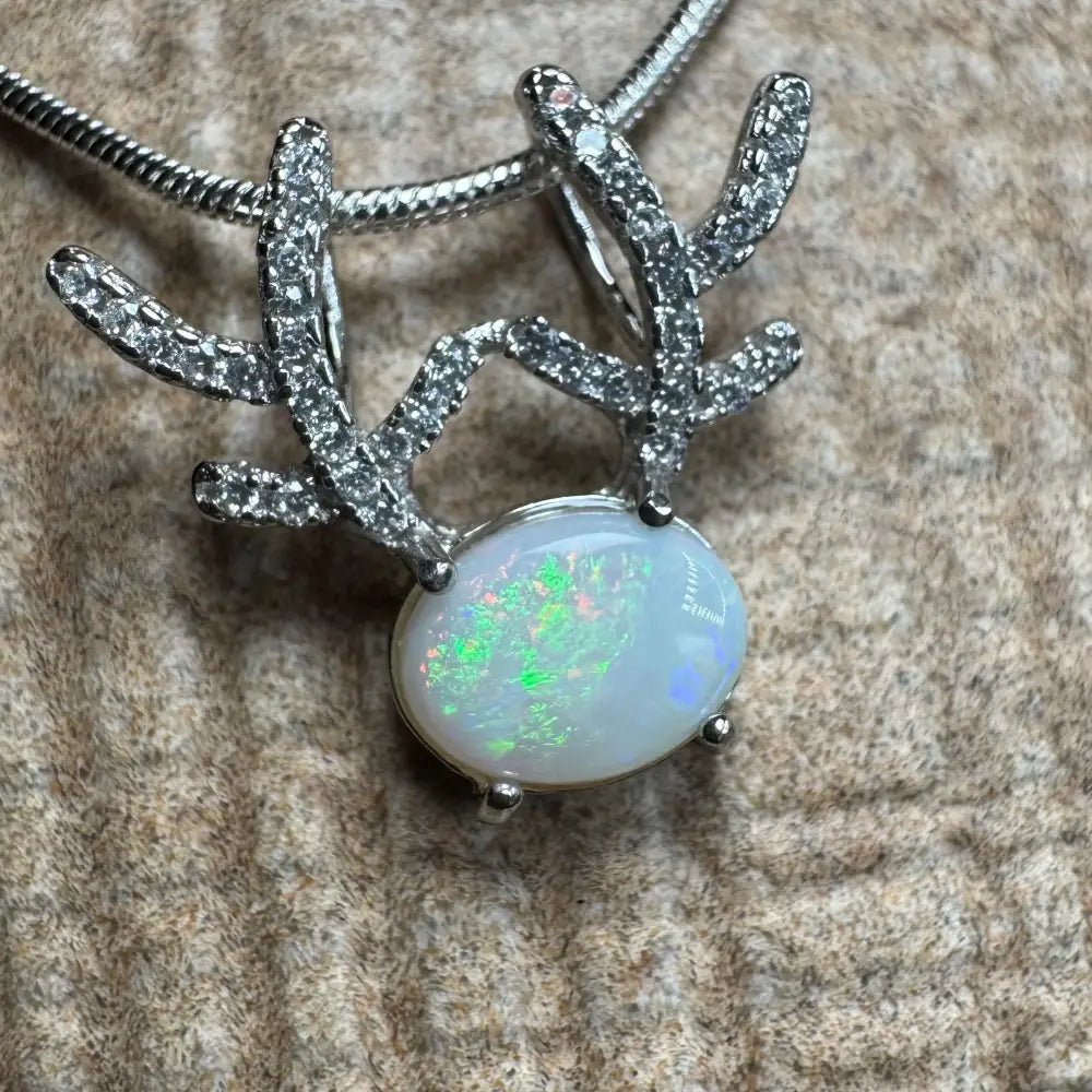 'Rainbow Reindeer' ~ Handcrafted 1ct Solid Coober Pedy Opal and Cubic Zirconia 925 Sterling Silver Reindeer Pendant Necklace