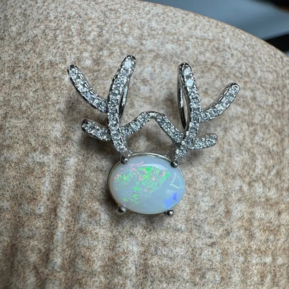 'Rainbow Reindeer' ~ Handcrafted 1ct Solid Coober Pedy Opal and Cubic Zirconia 925 Sterling Silver Reindeer Pendant Necklace