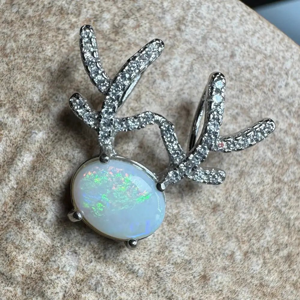 'Rainbow Reindeer' ~ Handcrafted 1ct Solid Coober Pedy Opal and Cubic Zirconia 925 Sterling Silver Reindeer Pendant Necklace