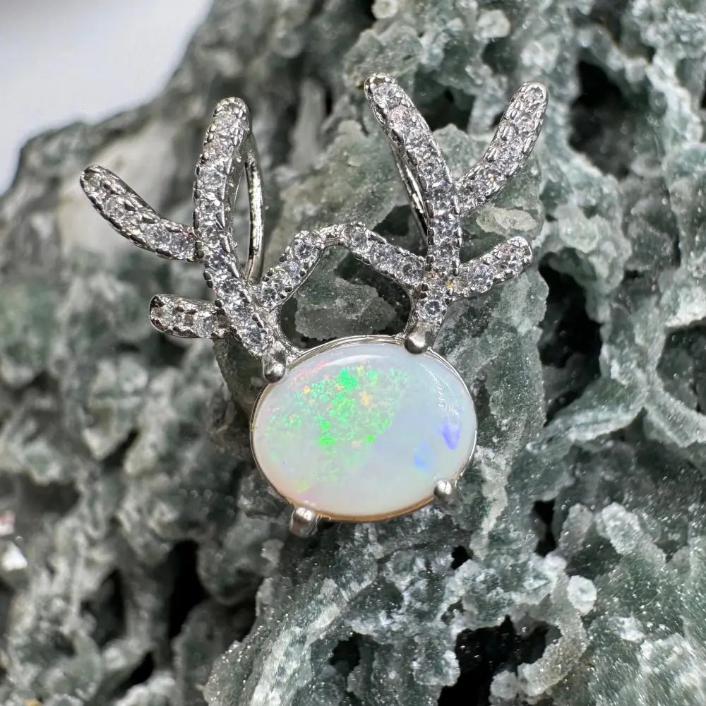 'Rainbow Reindeer' ~ Handcrafted 1ct Solid Coober Pedy Opal and Cubic Zirconia 925 Sterling Silver Reindeer Pendant Necklace