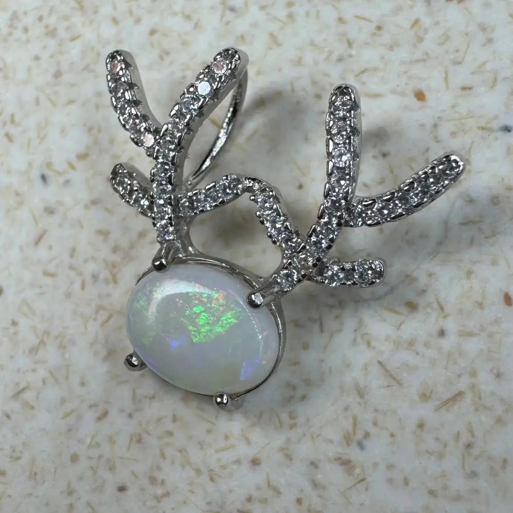 'Rainbow Reindeer' ~ Handcrafted 1ct Solid Coober Pedy Opal and Cubic Zirconia 925 Sterling Silver Reindeer Pendant Necklace
