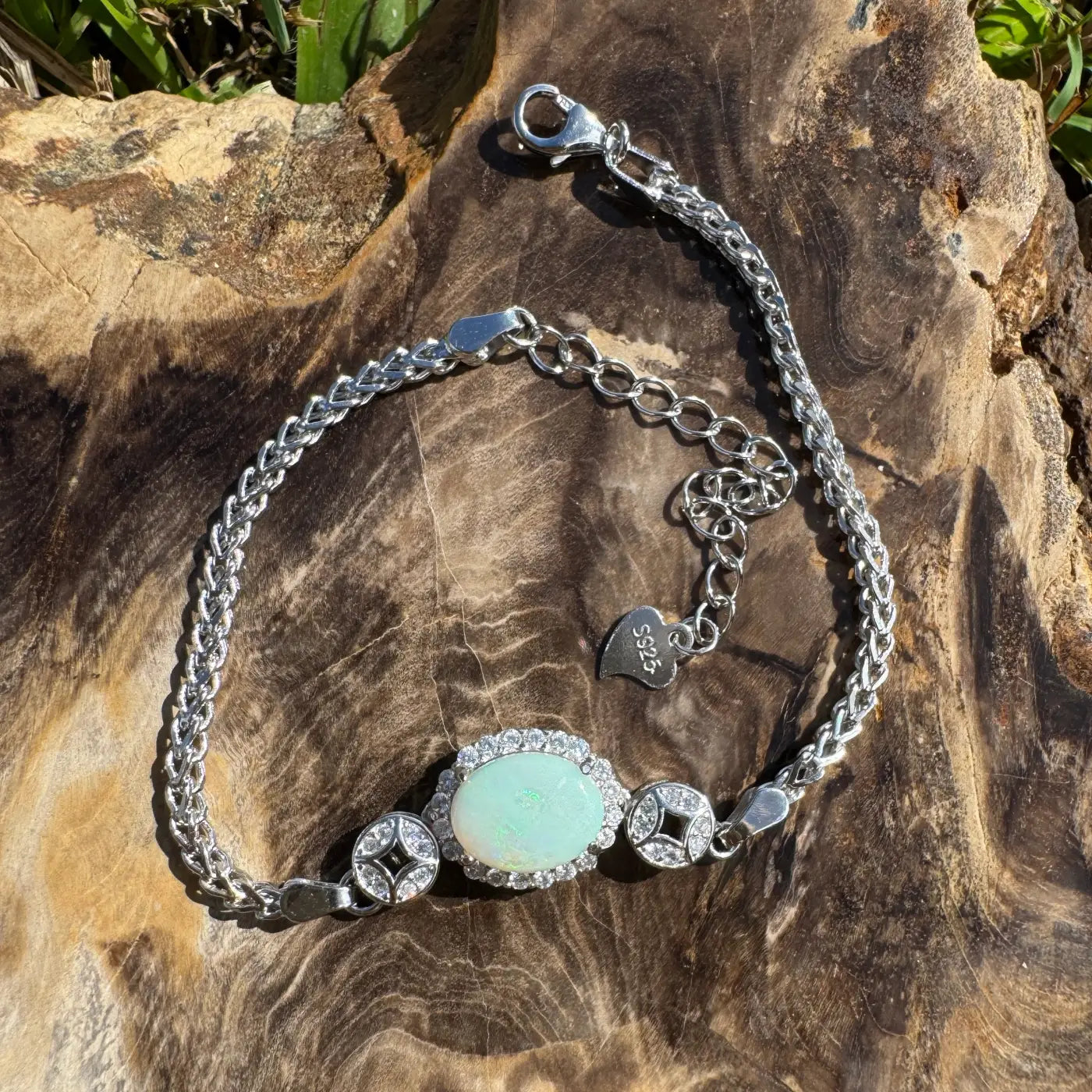 Silver bracelet with a 1.4 carat Coober Pedy Opal and Cubic Zirconia gemstones