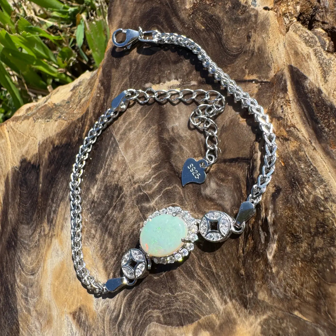 Silver bracelet with Coober Pedy opal and diamond accents from Rainforest Light collection
