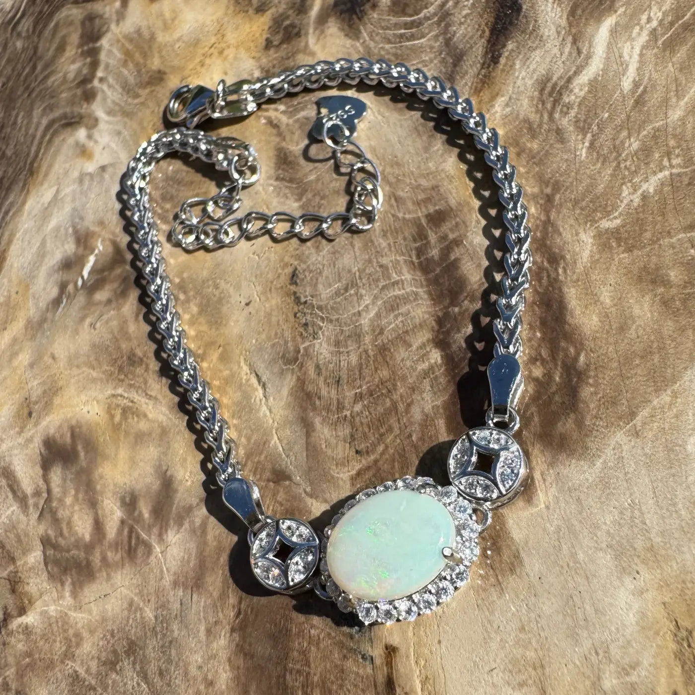 Silver opal bracelet Rainforest Light featuring 1.4ct Coober Pedy Opal and Cubic Zirconia