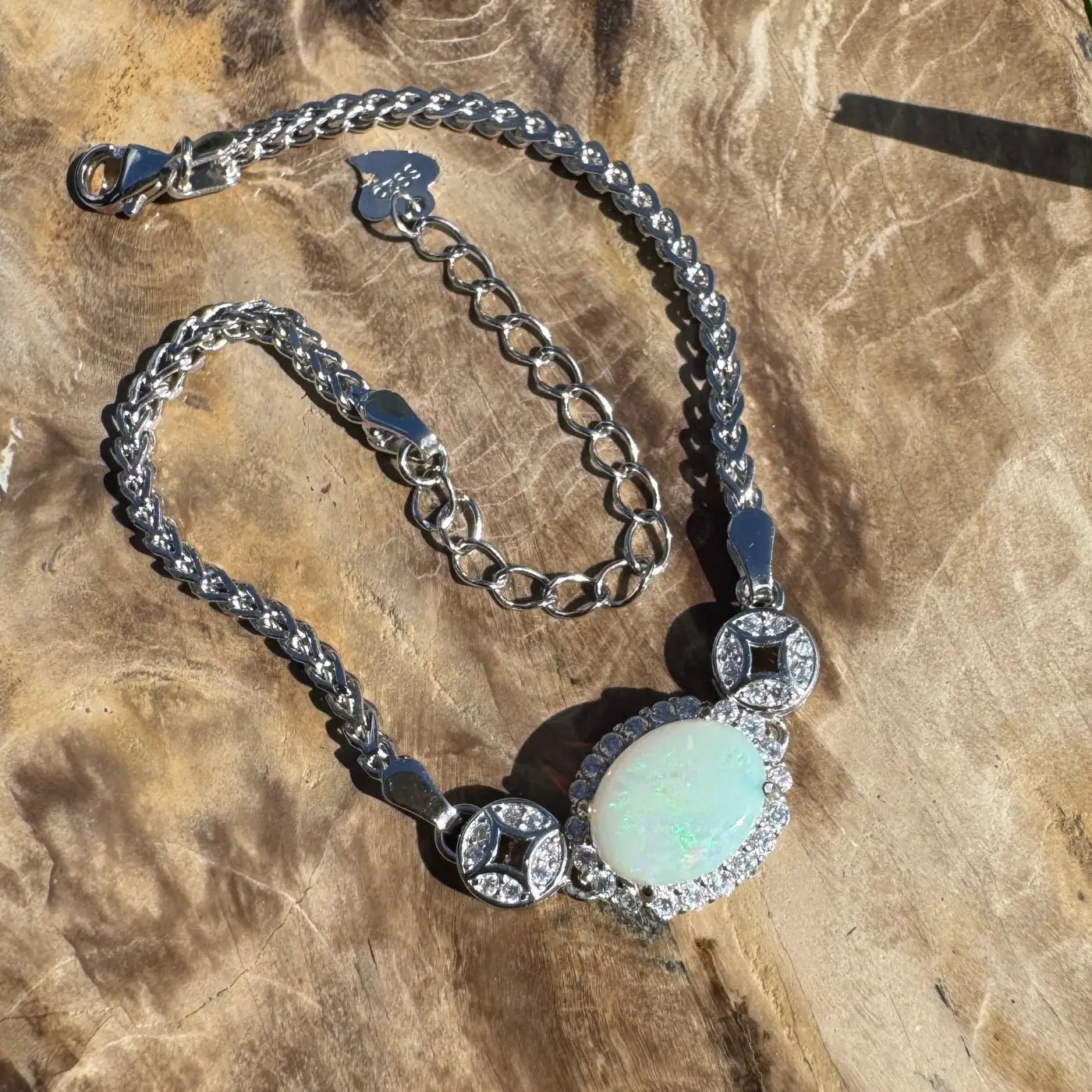 ‘Rainforest Light' ~ Handcrafted 1.1ct Coober Pedy Opal and Cubic Zirconia 925 Sterling Silver Bracelet