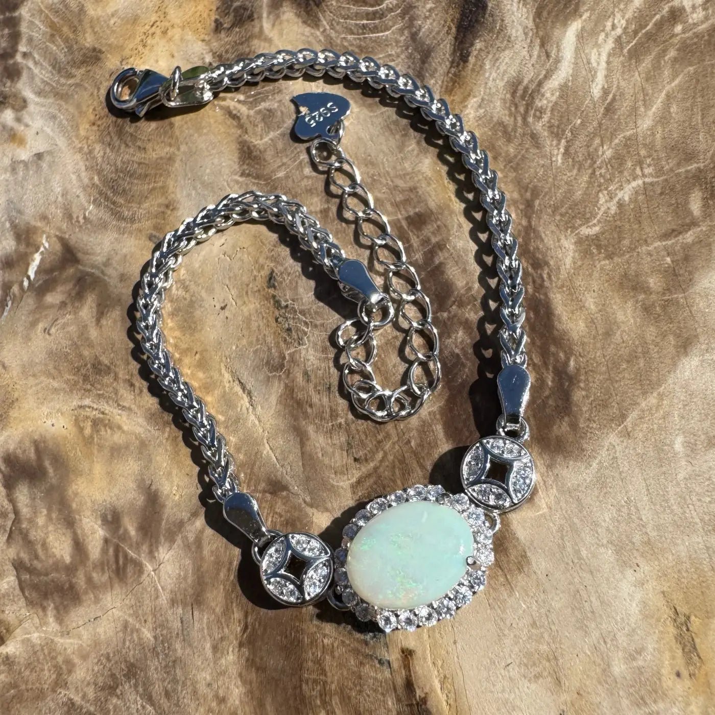 ‘Rainforest Light' ~ Handcrafted 1.1ct Coober Pedy Opal and Cubic Zirconia 925 Sterling Silver Bracelet
