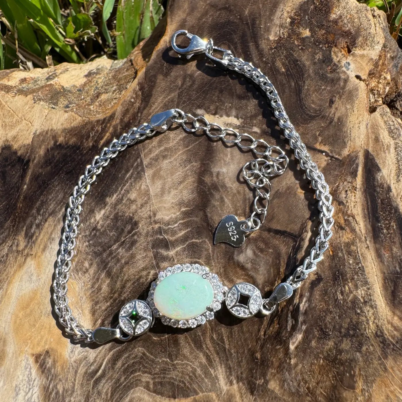 ‘Rainforest Light' ~ Handcrafted 1.1ct Coober Pedy Opal and Cubic Zirconia 925 Sterling Silver Bracelet