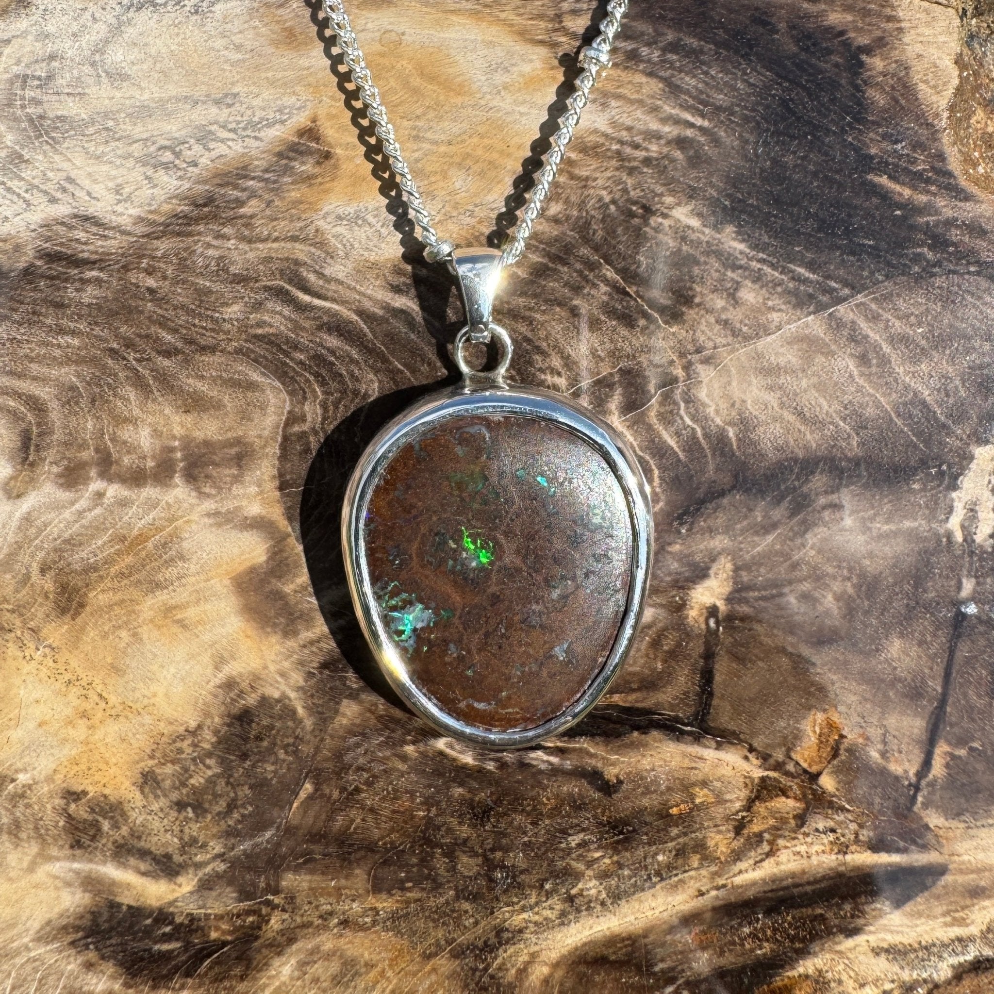 Rainforest Tide ~ 20.1ct Solid Queensland Boulder Opal 925 Sterling Silver Pendant Necklace