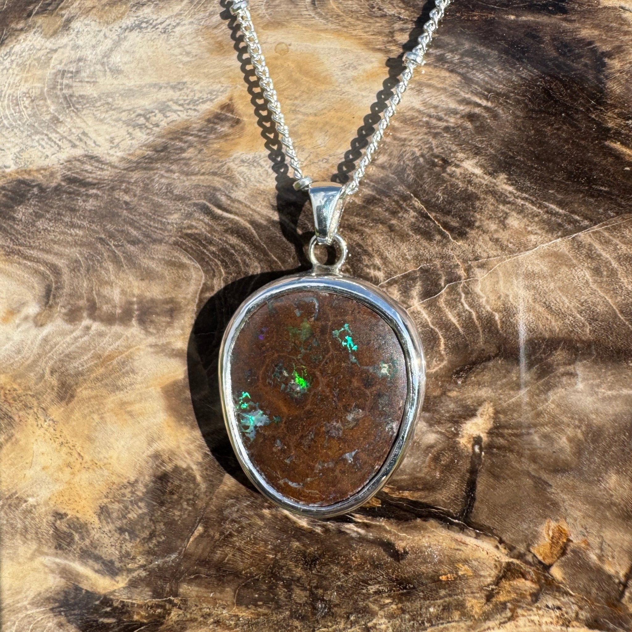 Rainforest Tide ~ 20.1ct Solid Queensland Boulder Opal 925 Sterling Silver Pendant Necklace