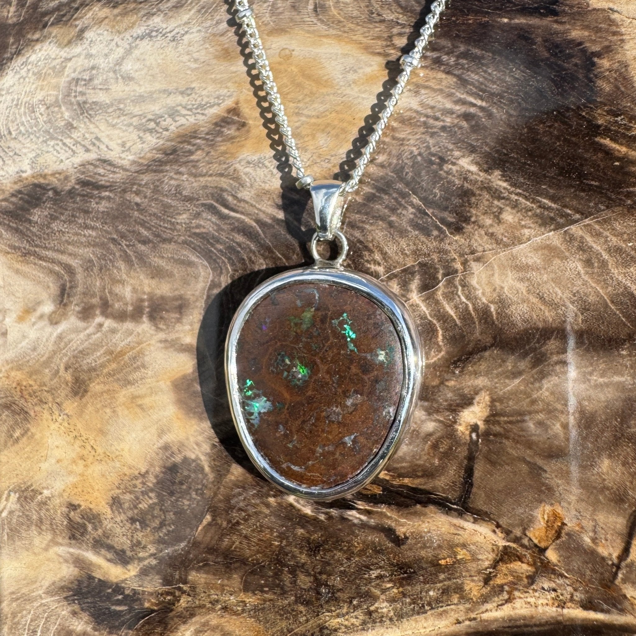 Rainforest Tide ~ 20.1ct Solid Queensland Boulder Opal 925 Sterling Silver Pendant Necklace