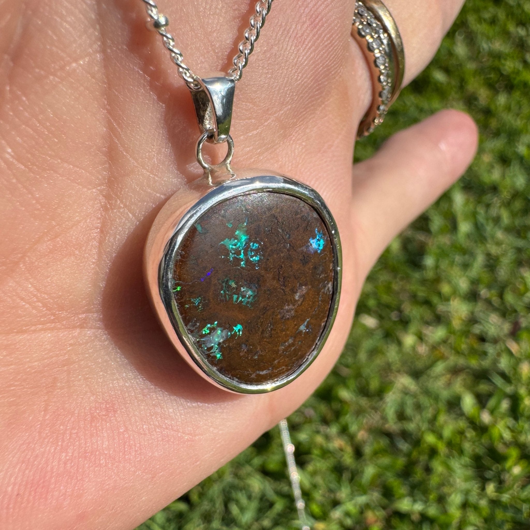 Rainforest Tide ~ 20.1ct Solid Queensland Boulder Opal 925 Sterling Silver Pendant Necklace