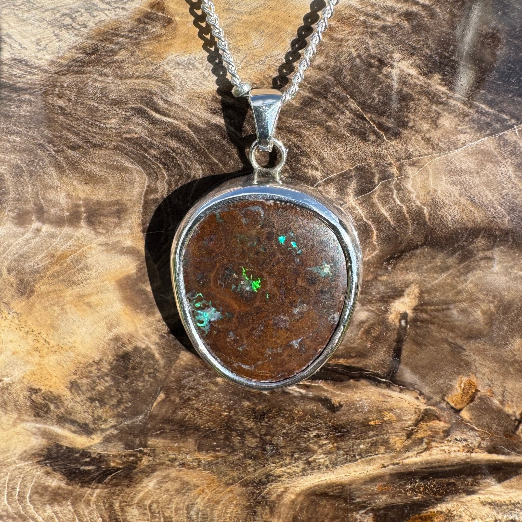 Rainforest Tide ~ 20.1ct Solid Queensland Boulder Opal 925 Sterling Silver Pendant Necklace