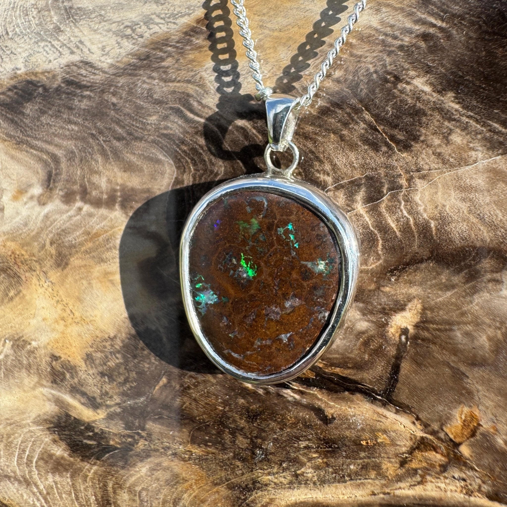 Rainforest Tide ~ 20.1ct Solid Queensland Boulder Opal 925 Sterling Silver Pendant Necklace