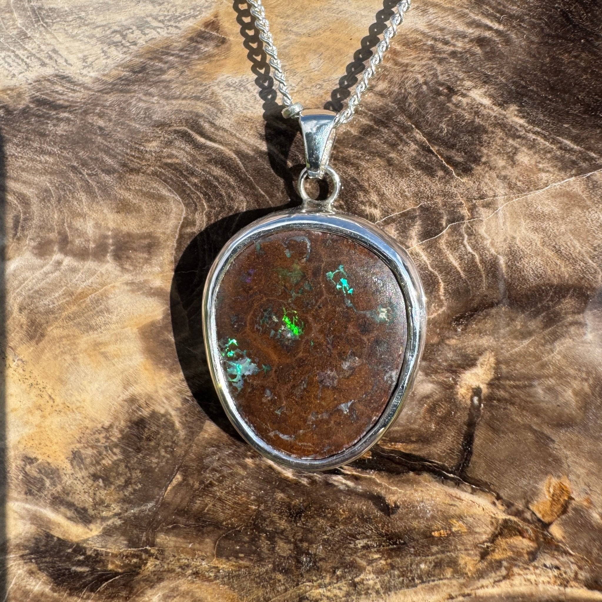 Rainforest Tide ~ 20.1ct Solid Queensland Boulder Opal 925 Sterling Silver Pendant Necklace