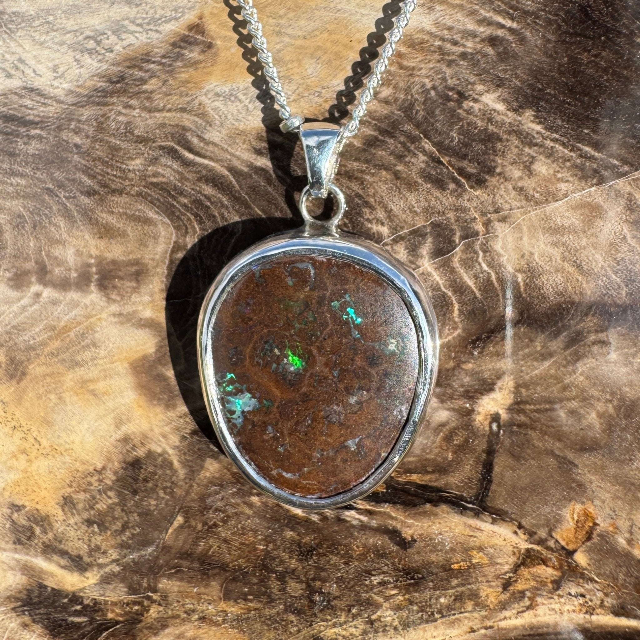 Rainforest Tide ~ 20.1ct Solid Queensland Boulder Opal 925 Sterling Silver Pendant Necklace