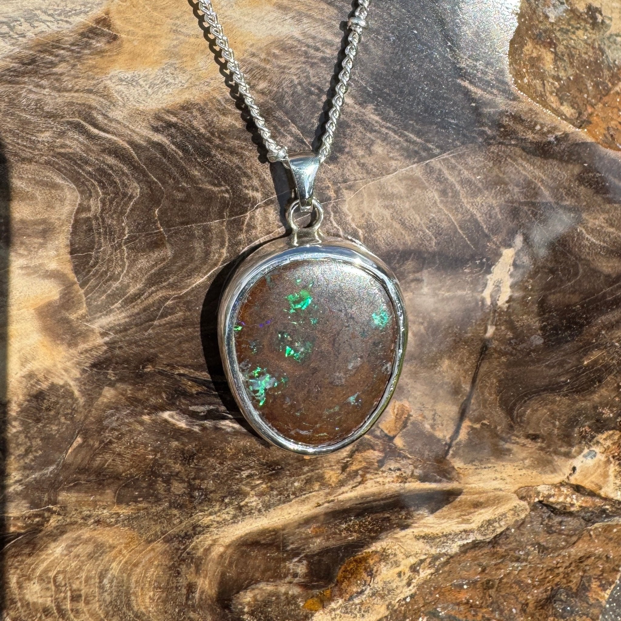 Rainforest Tide ~ 20.1ct Solid Queensland Boulder Opal 925 Sterling Silver Pendant Necklace