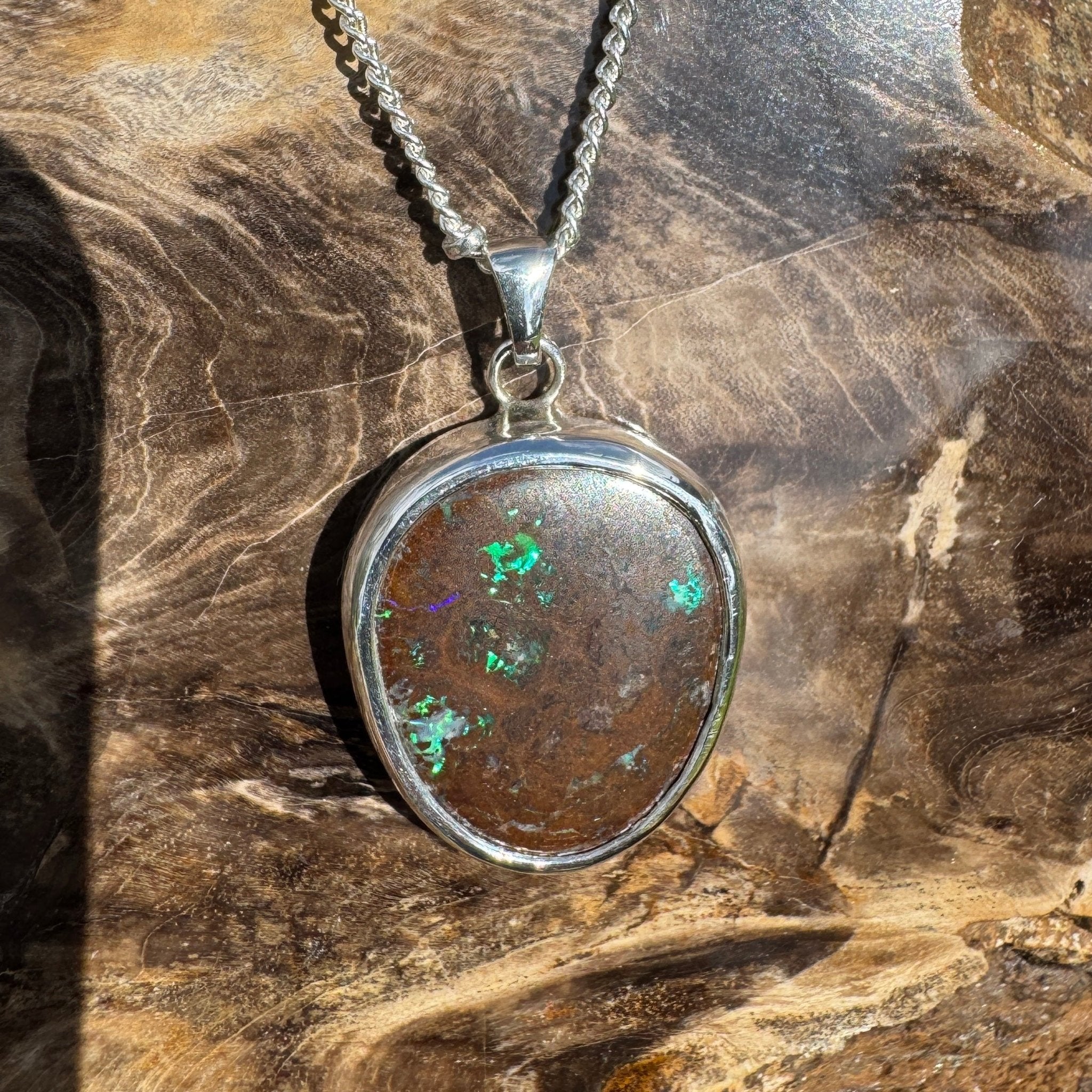 Rainforest Tide ~ 20.1ct Solid Queensland Boulder Opal 925 Sterling Silver Pendant Necklace