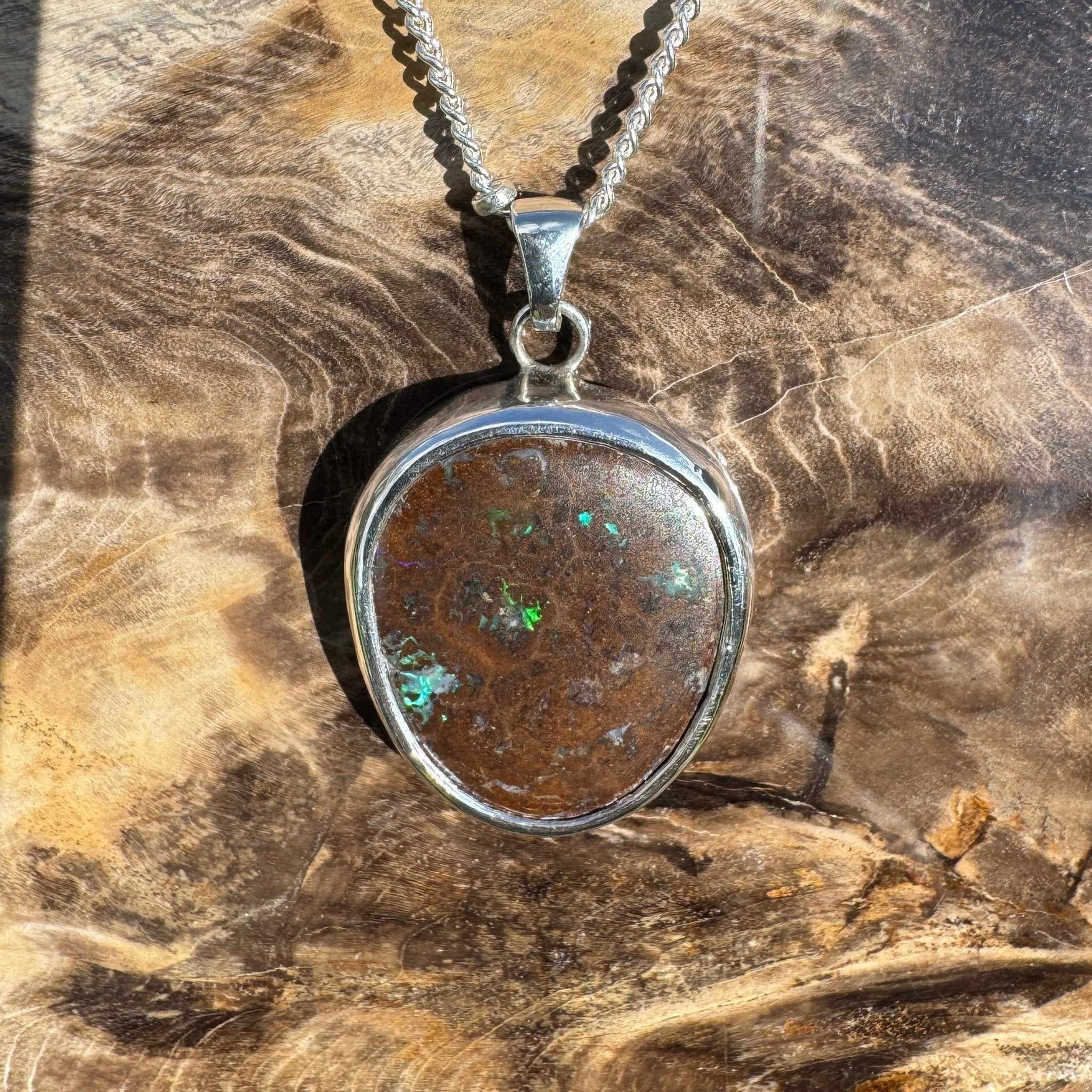 Rainforest Tide ~ 20.1ct Solid Queensland Boulder Opal 925 Sterling Silver Pendant Necklace