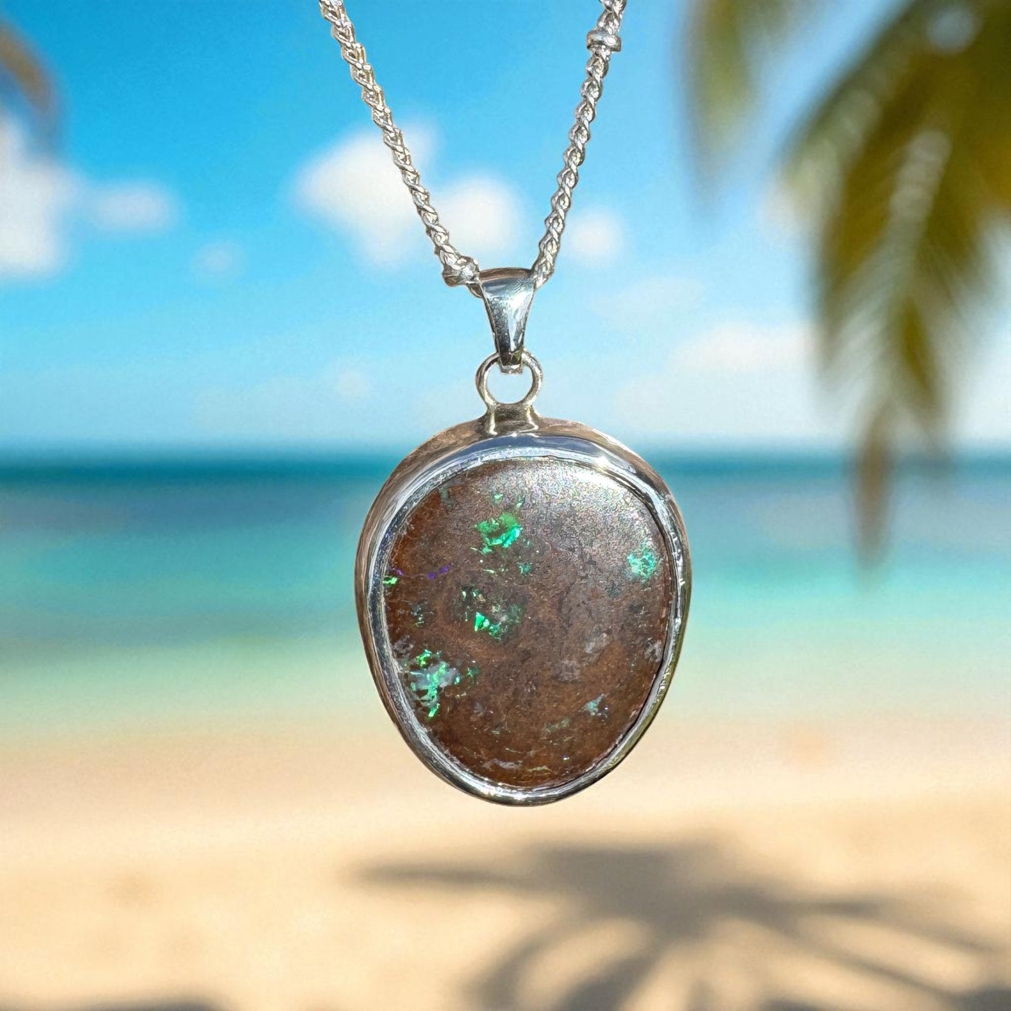 Rainforest Tide ~ 20.1ct Solid Queensland Boulder Opal 925 Sterling Silver Pendant Necklace