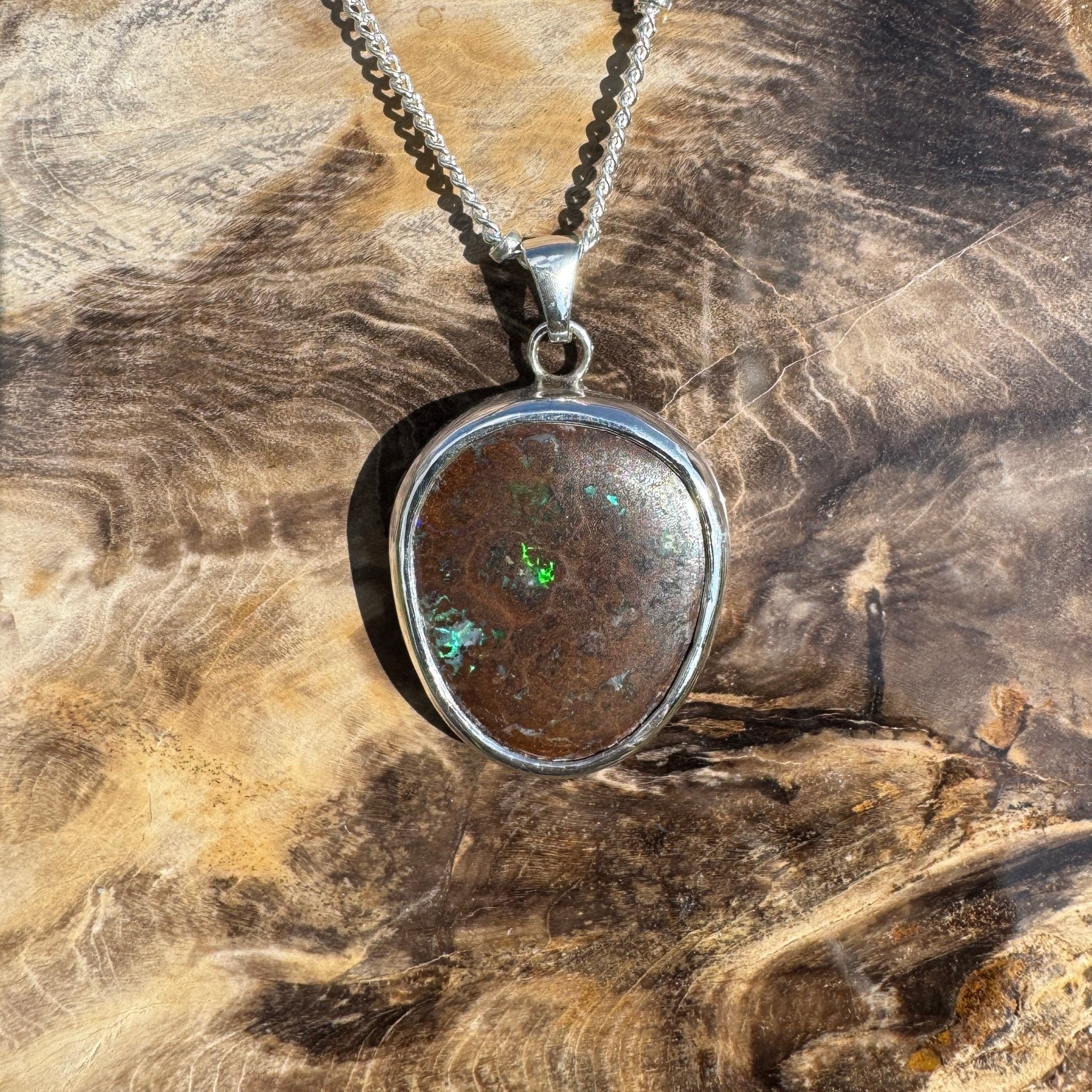 Rainforest Tide ~ 20.1ct Solid Queensland Boulder Opal 925 Sterling Silver Pendant Necklace