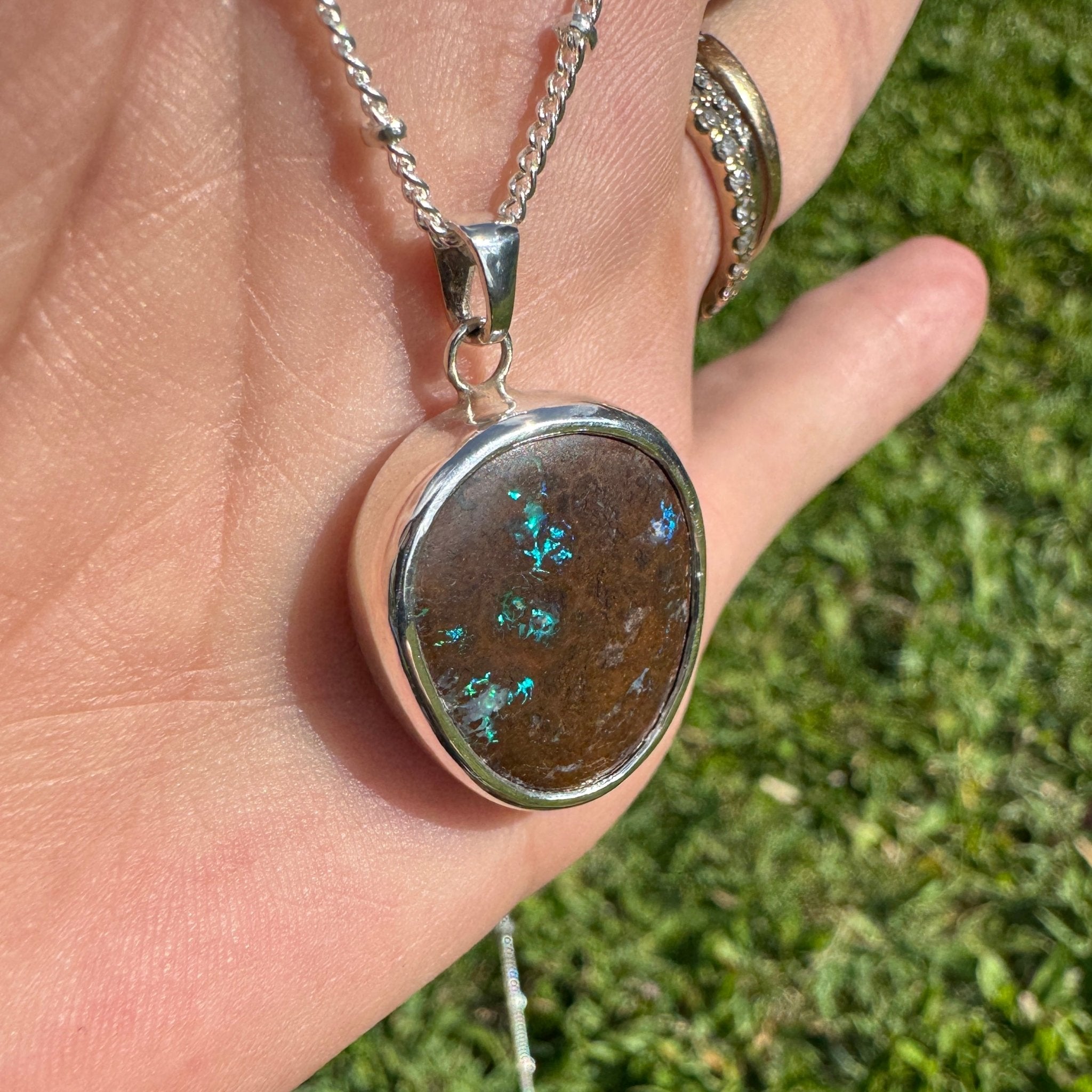 Rainforest Tide ~ 20.1ct Solid Queensland Boulder Opal 925 Sterling Silver Pendant Necklace