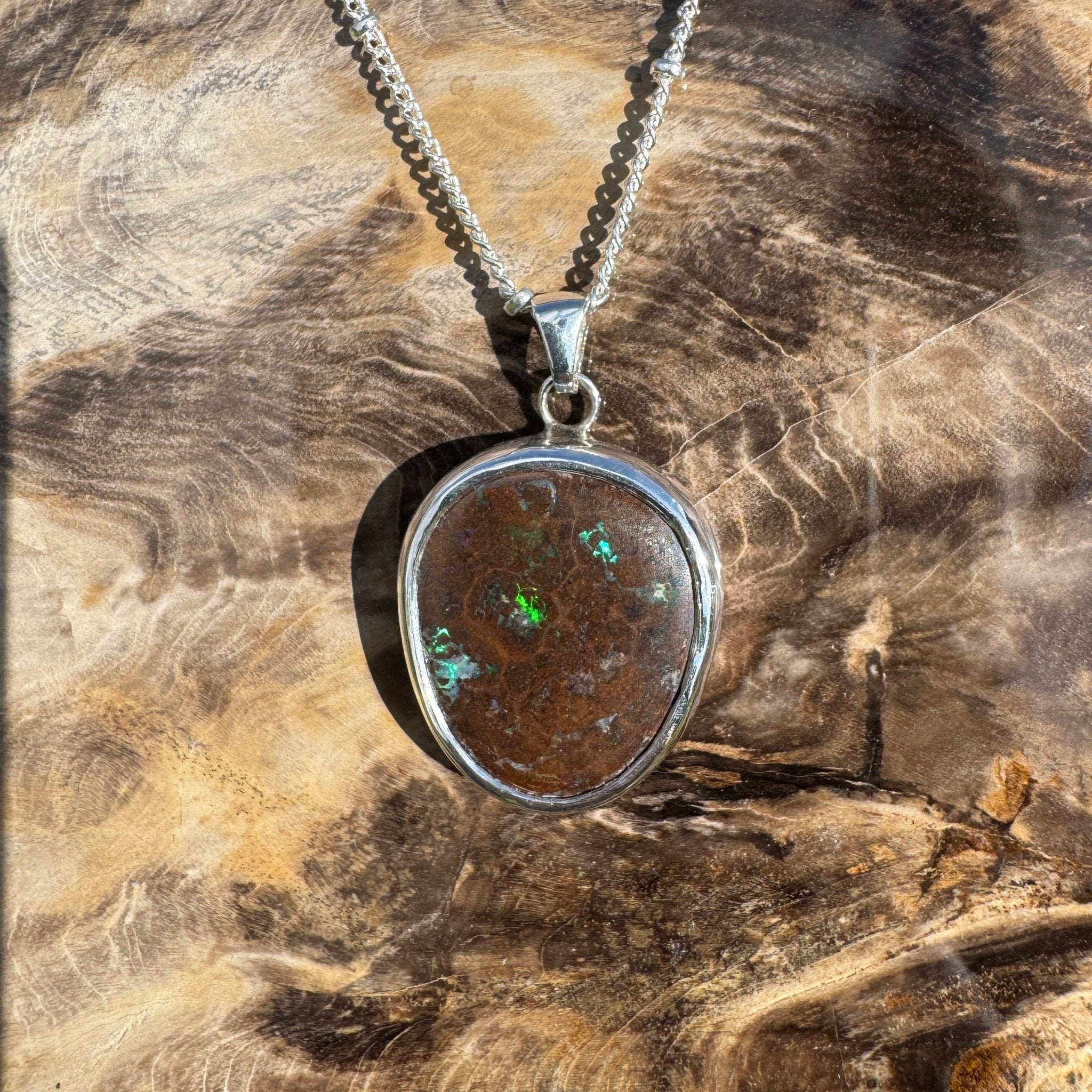 Rainforest Tide ~ 20.1ct Solid Queensland Boulder Opal 925 Sterling Silver Pendant Necklace